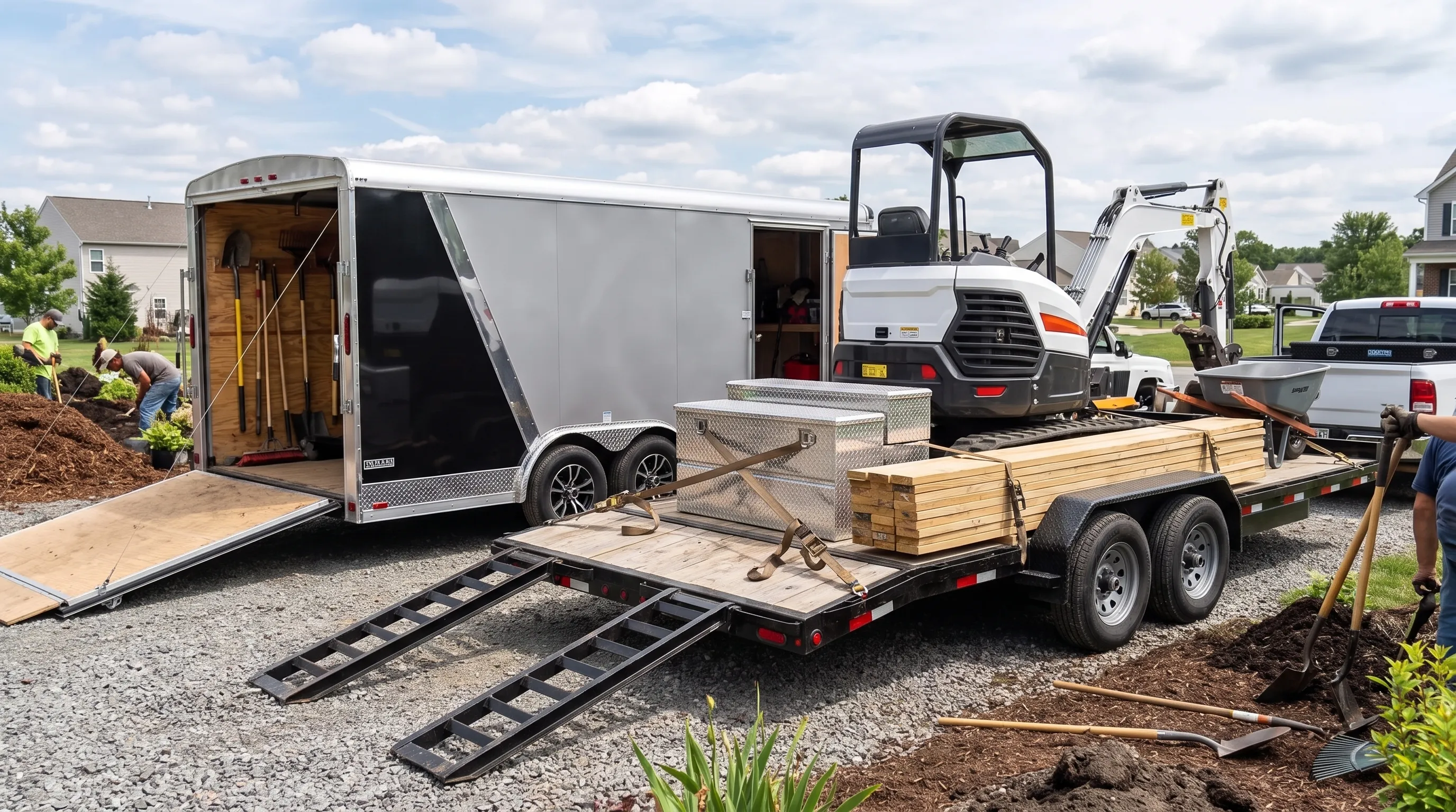 A flatbed utility trailer loaded with compact landscaping equipment, lumber and secured toolboxes at a jobsite, showing ramps, tie-down points, tandem axles and an open deck layout.