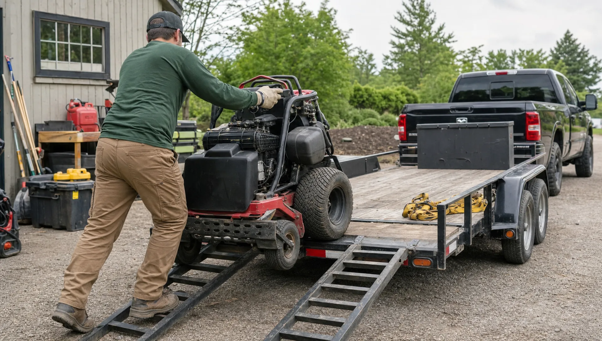 A landscaper loads a mower onto a flatbed utility trailer using the rear ramps.
