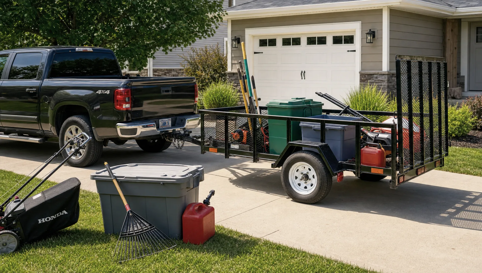 A utility trailer sits hitched in a driveway beside yard tools and packed items.