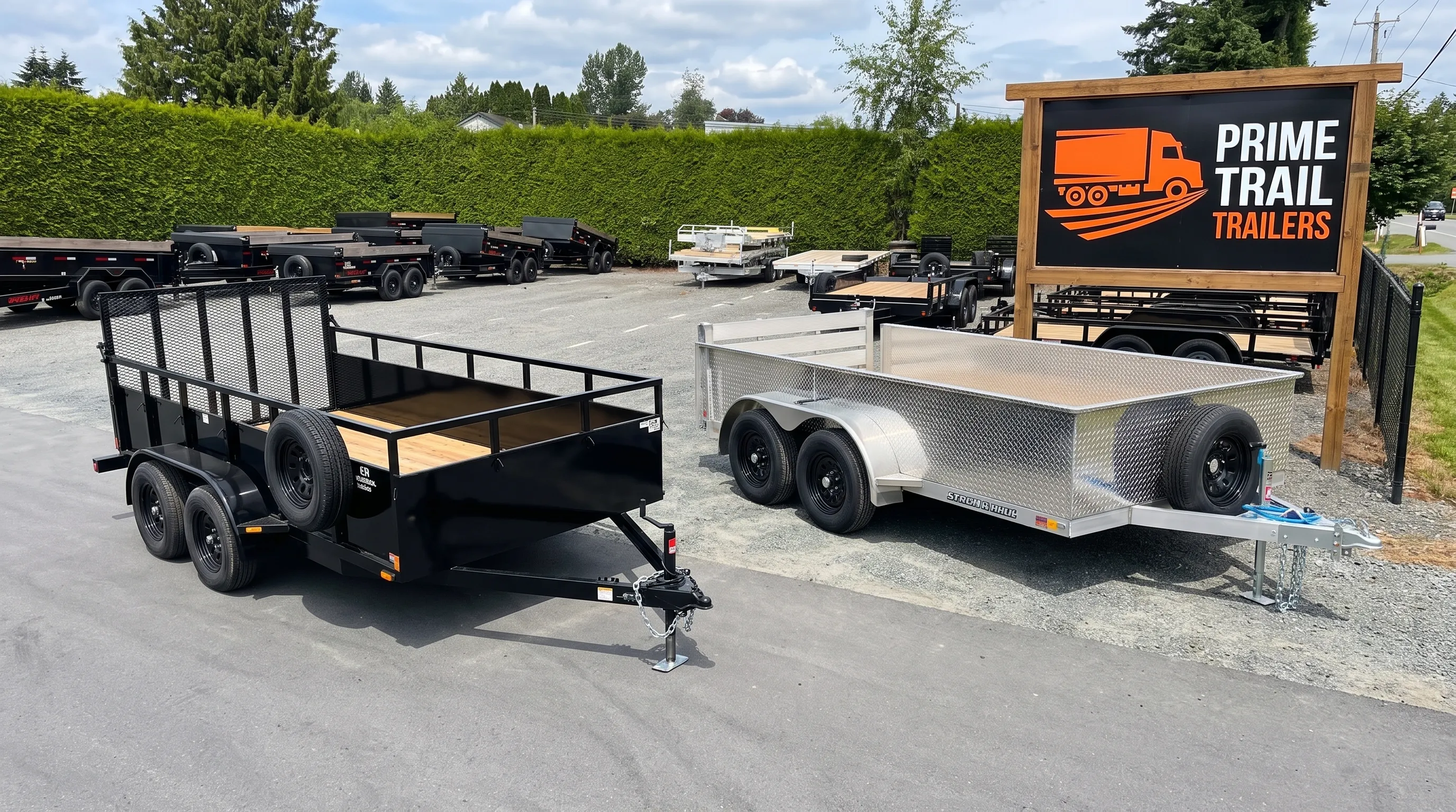 Two utility trailers parked side by side on a dealership lot, showing their decks, side rails, tandem axles, rear gates and tongue assemblies.
