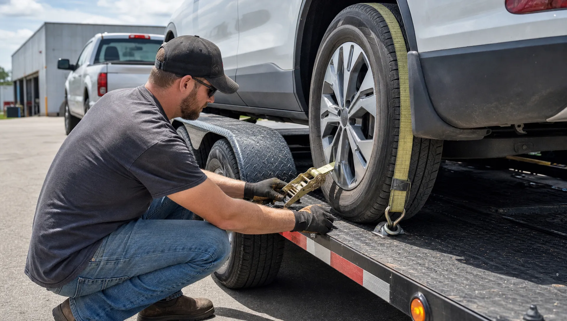 A contractor tightens a ratchet strap on a car hauler while loading a vehicle. A contractor tightens a ratchet strap on a car hauler while loading a vehicle.