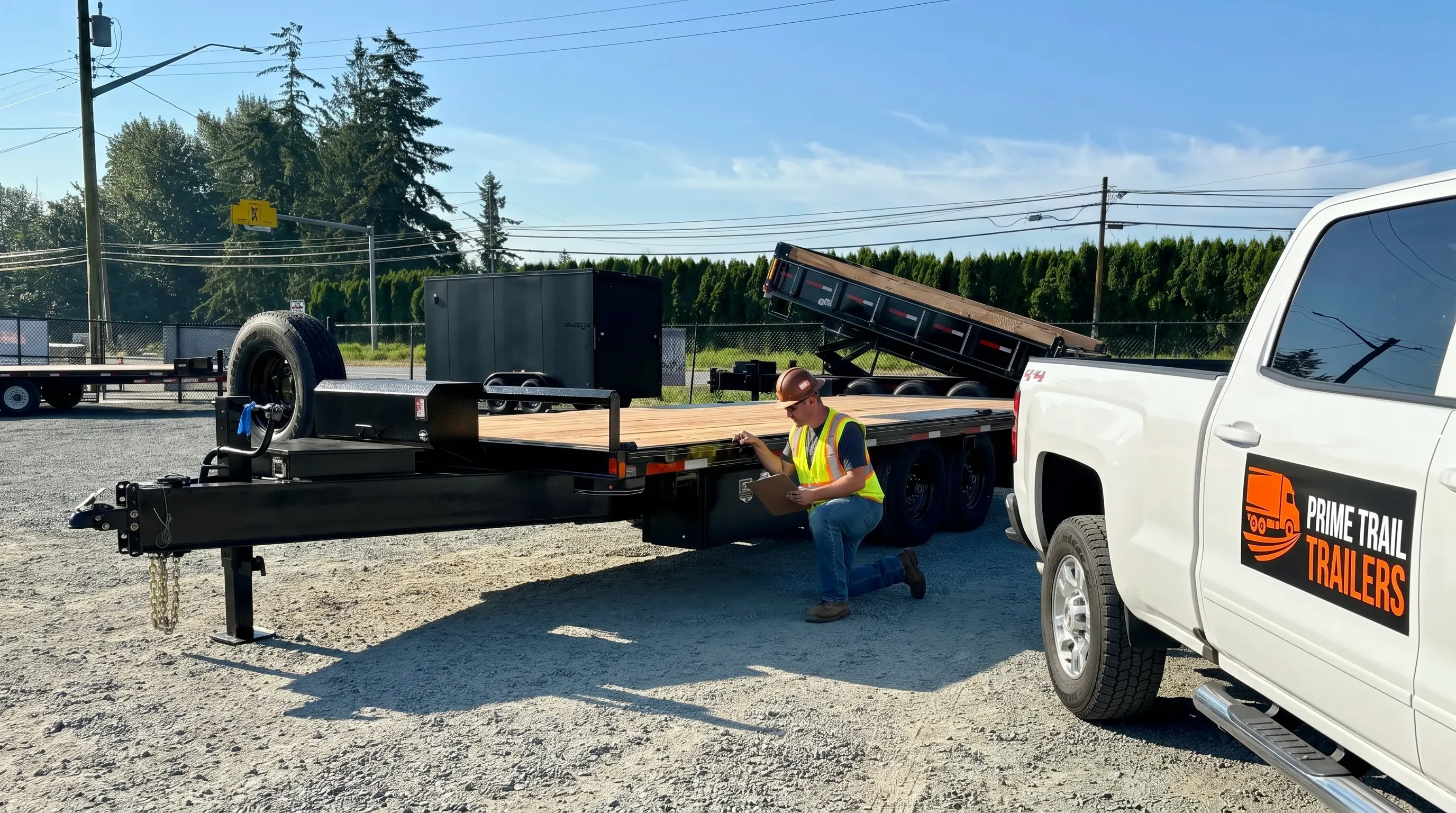 A contractor inspects a deck-over trailer’s frame, axles, tires, and tie-down points beside a parked equipment trailer on gravel.