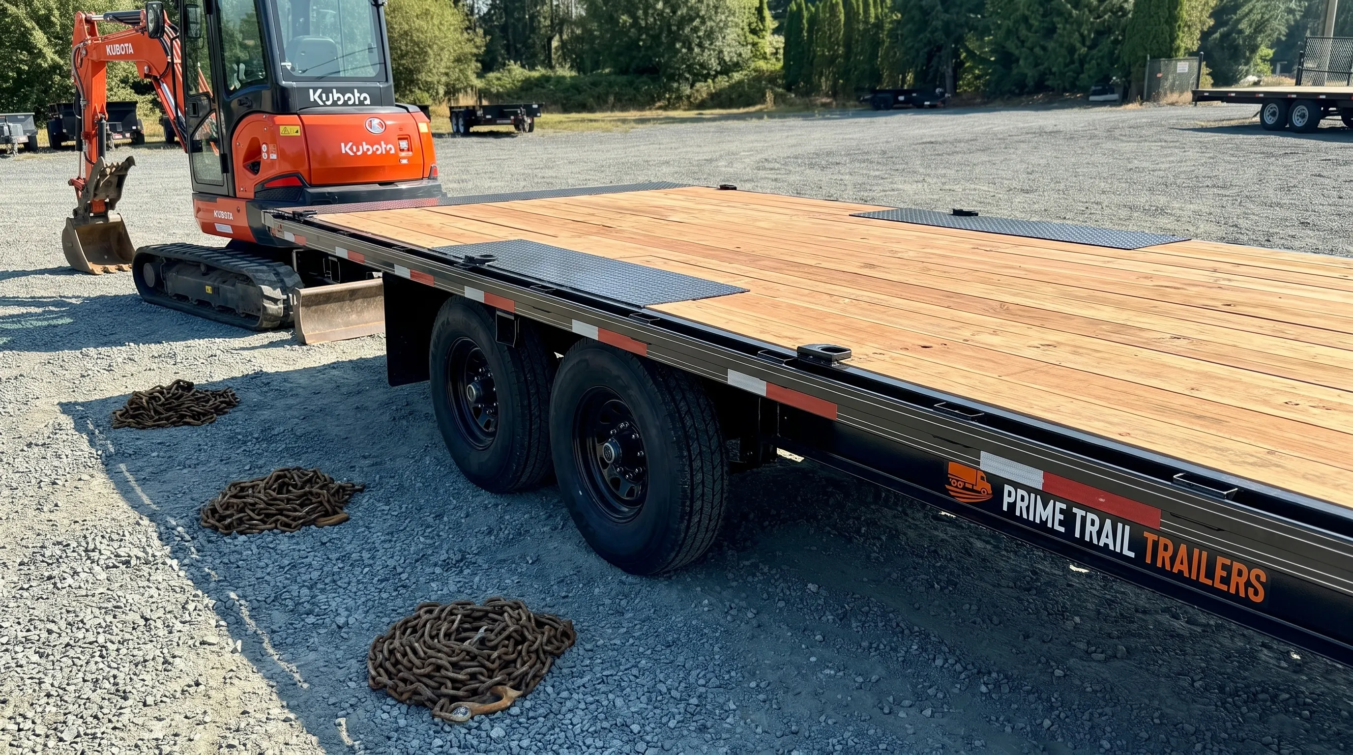 A deck-over equipment trailer is shown close up with its frame, axles, tires, and tie-down points beside a compact excavator. A deck-over equipment trailer is shown close up with its frame, axles, tires, and tie-down points beside a compact excavator.