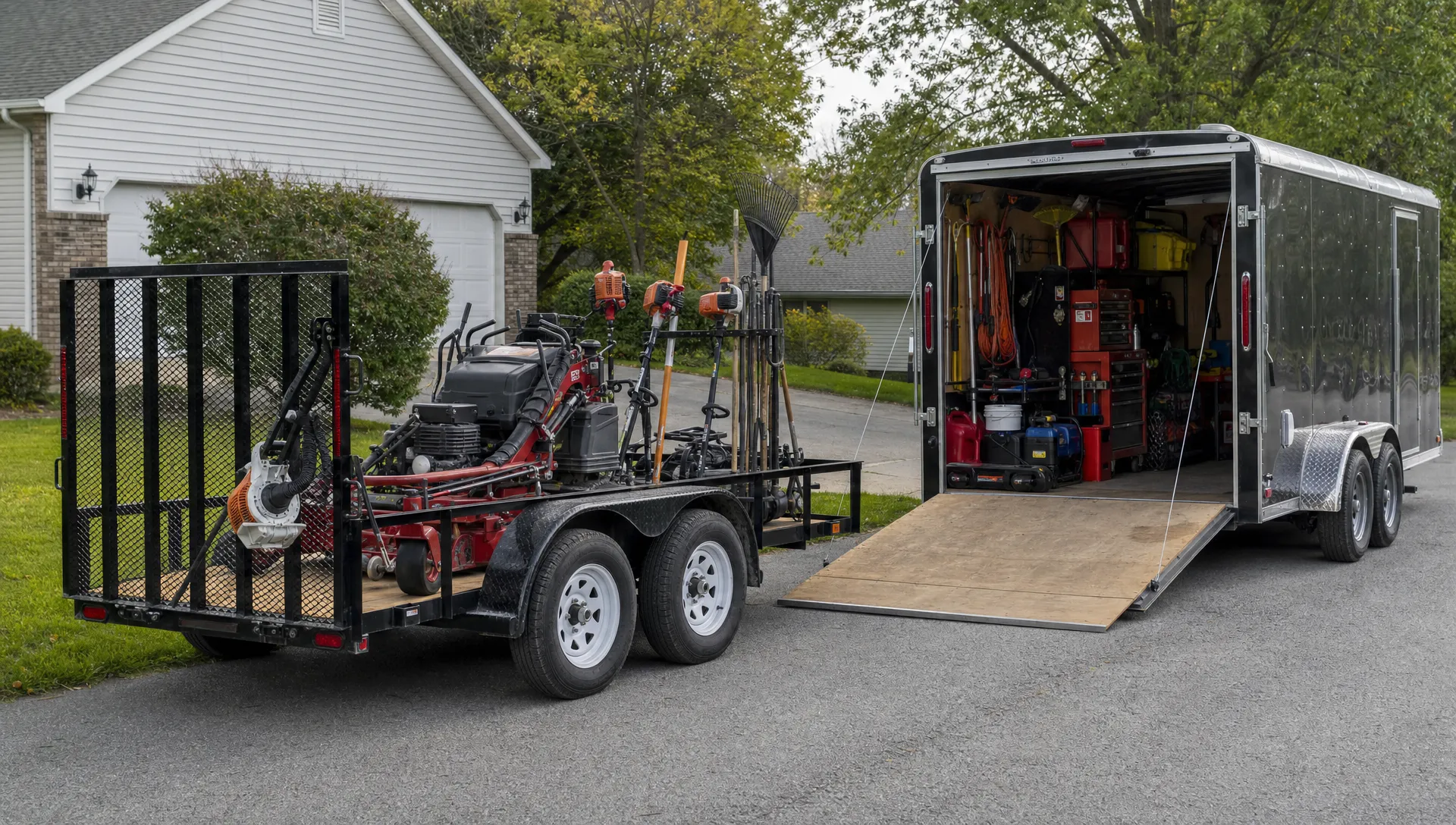 An open utility trailer loaded with landscaping equipment sits beside an enclosed cargo trailer packed with contractor tools.