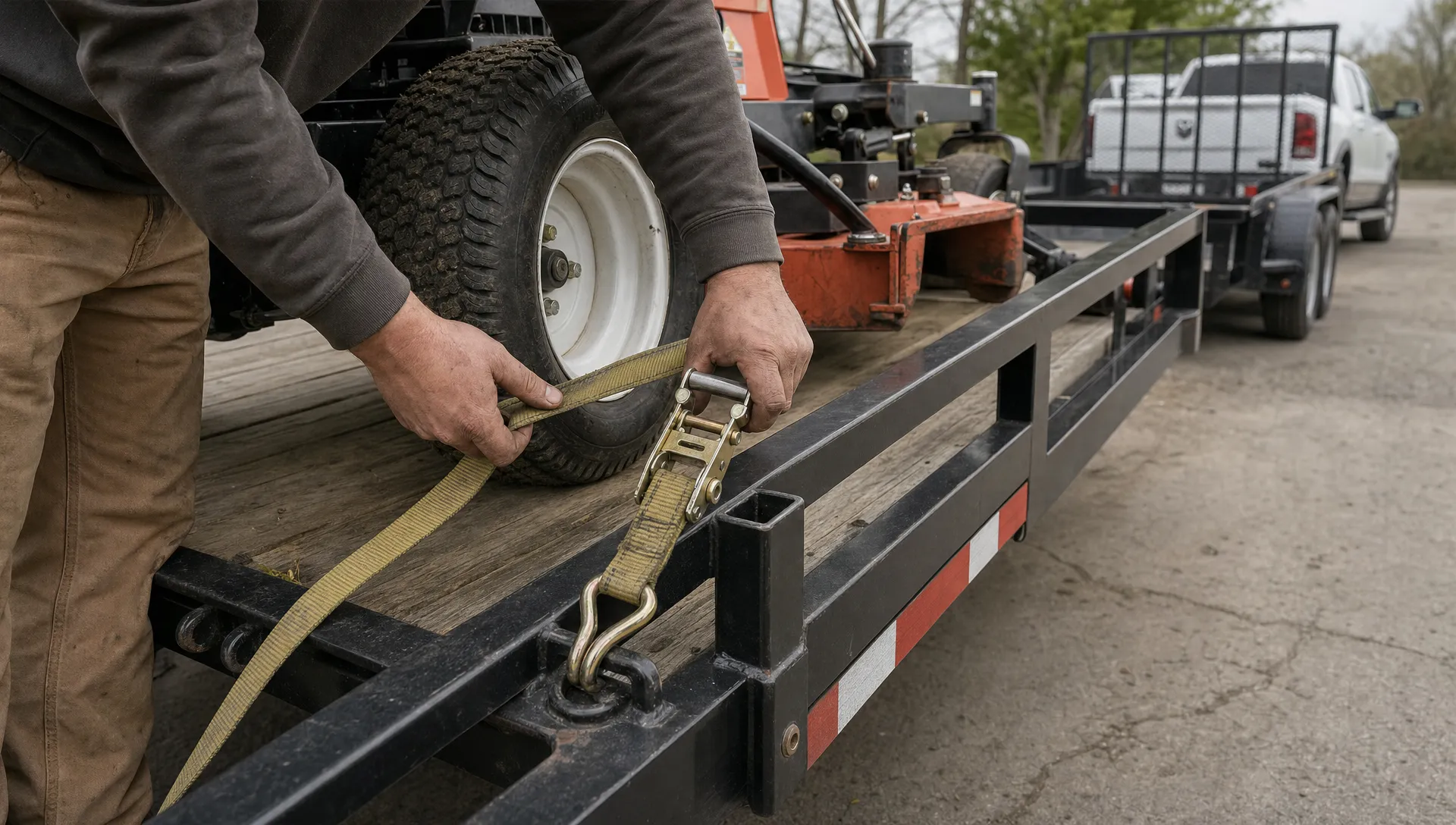 Hands secure landscaping equipment on an open utility trailer with a ratchet strap.