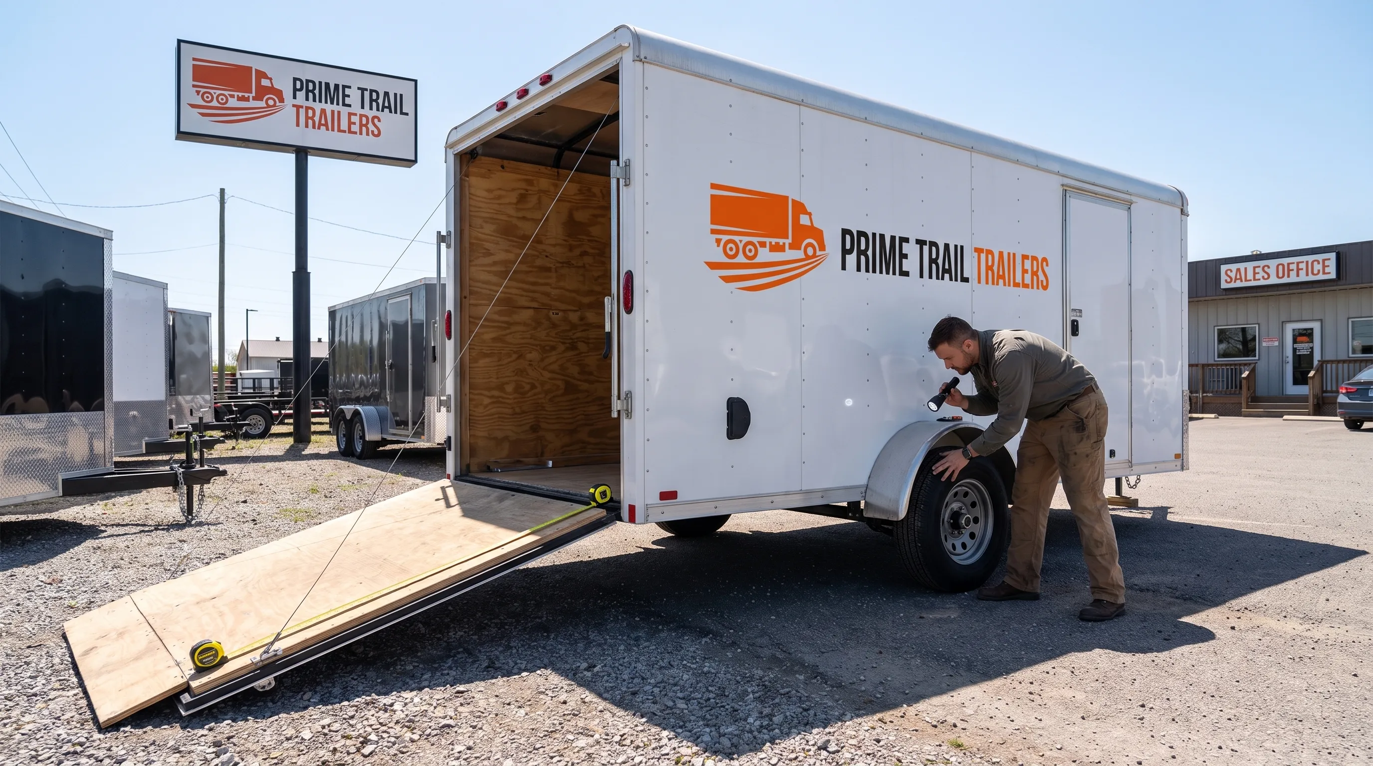 A buyer inspects a used cargo trailer on a dealership lot, checking the frame, tires, ramp door and floor with a flashlight and tape measure.