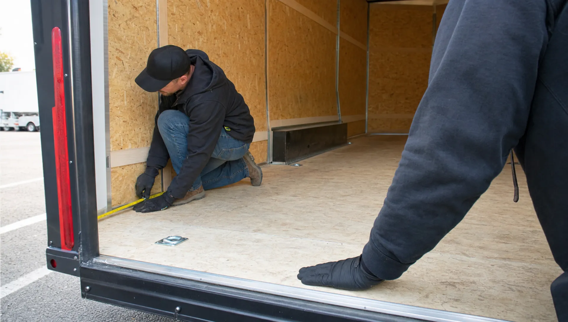 Gloved hands check the floor and wall base inside a used cargo trailer during an inspection.