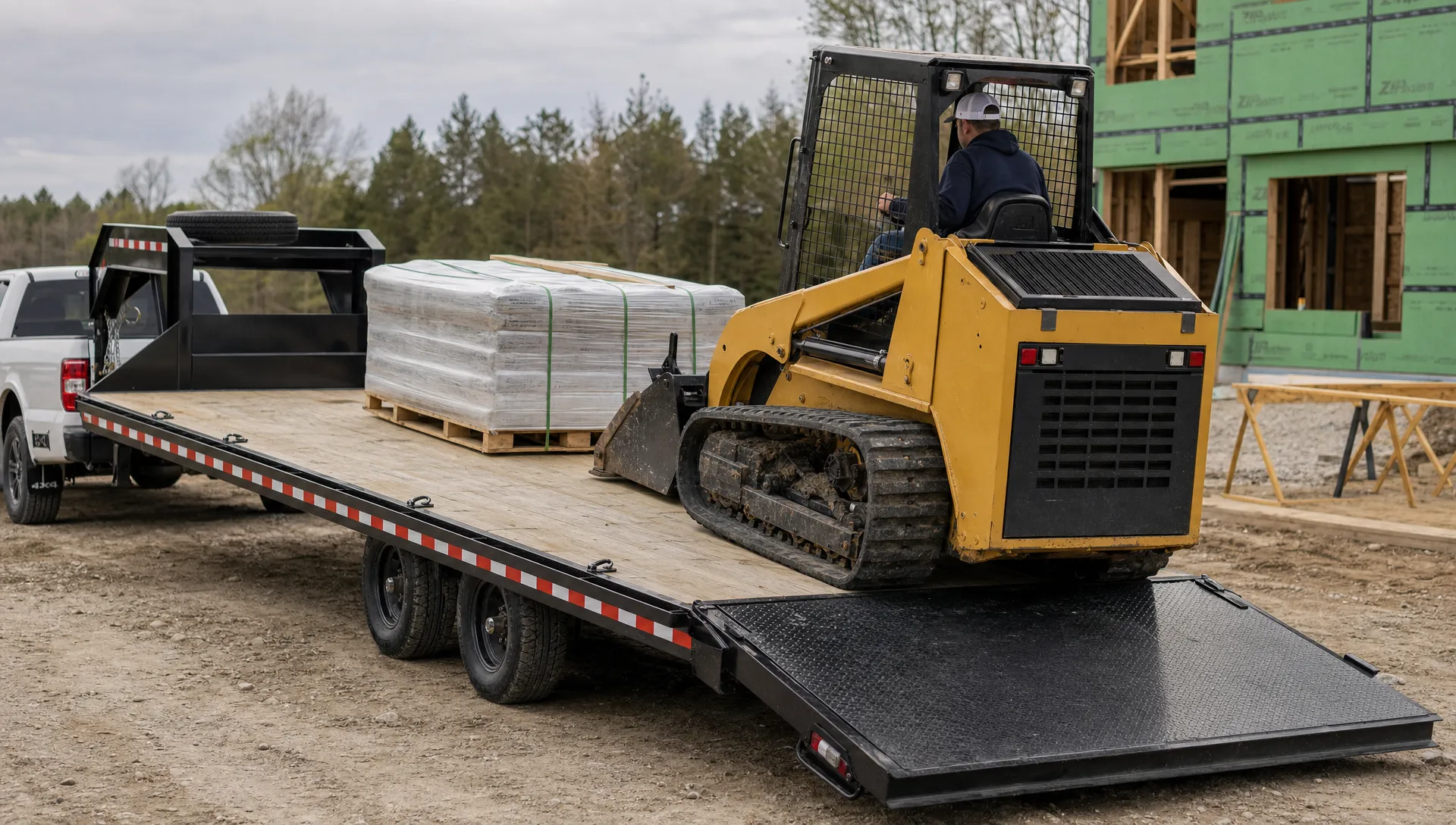 A contractor loads a compact skid steer and palletized building materials onto a deck-over trailer at a jobsite, with the full-width deck and tie-down points visible.