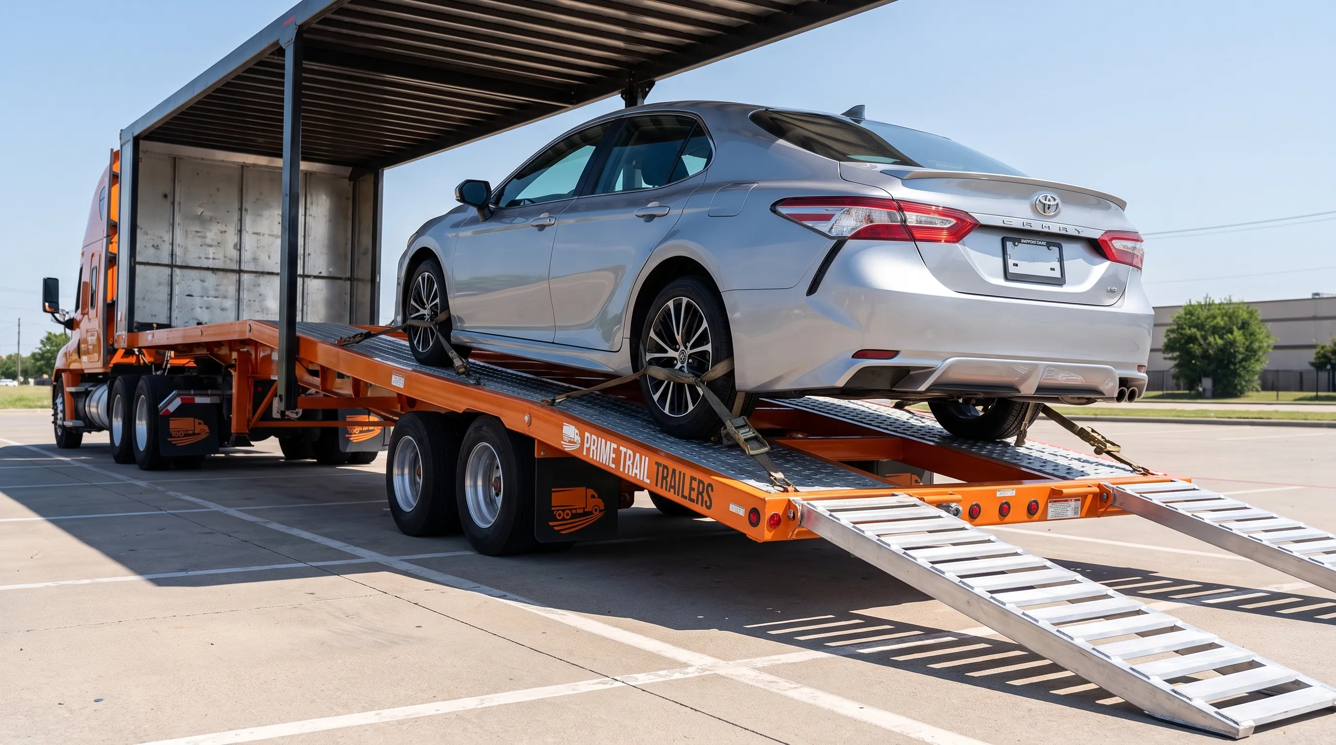 A passenger car sits on an open car hauler, with clearance around the fenders, accessible wheel tie-downs and rear ramps on level ground.