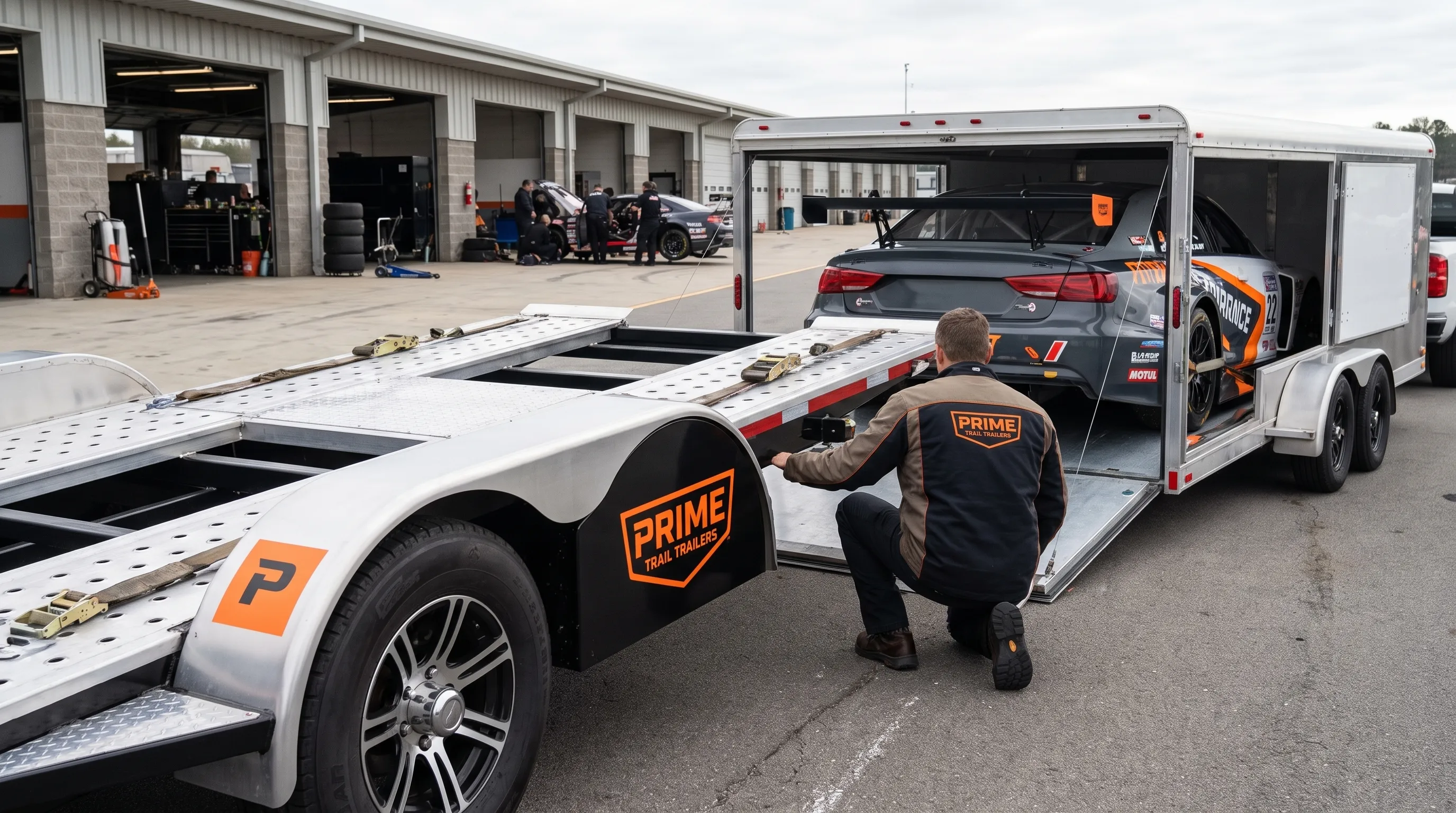 A driver checks a track car secured on an open hauler at a motorsports paddock, beside the lowered ramps.