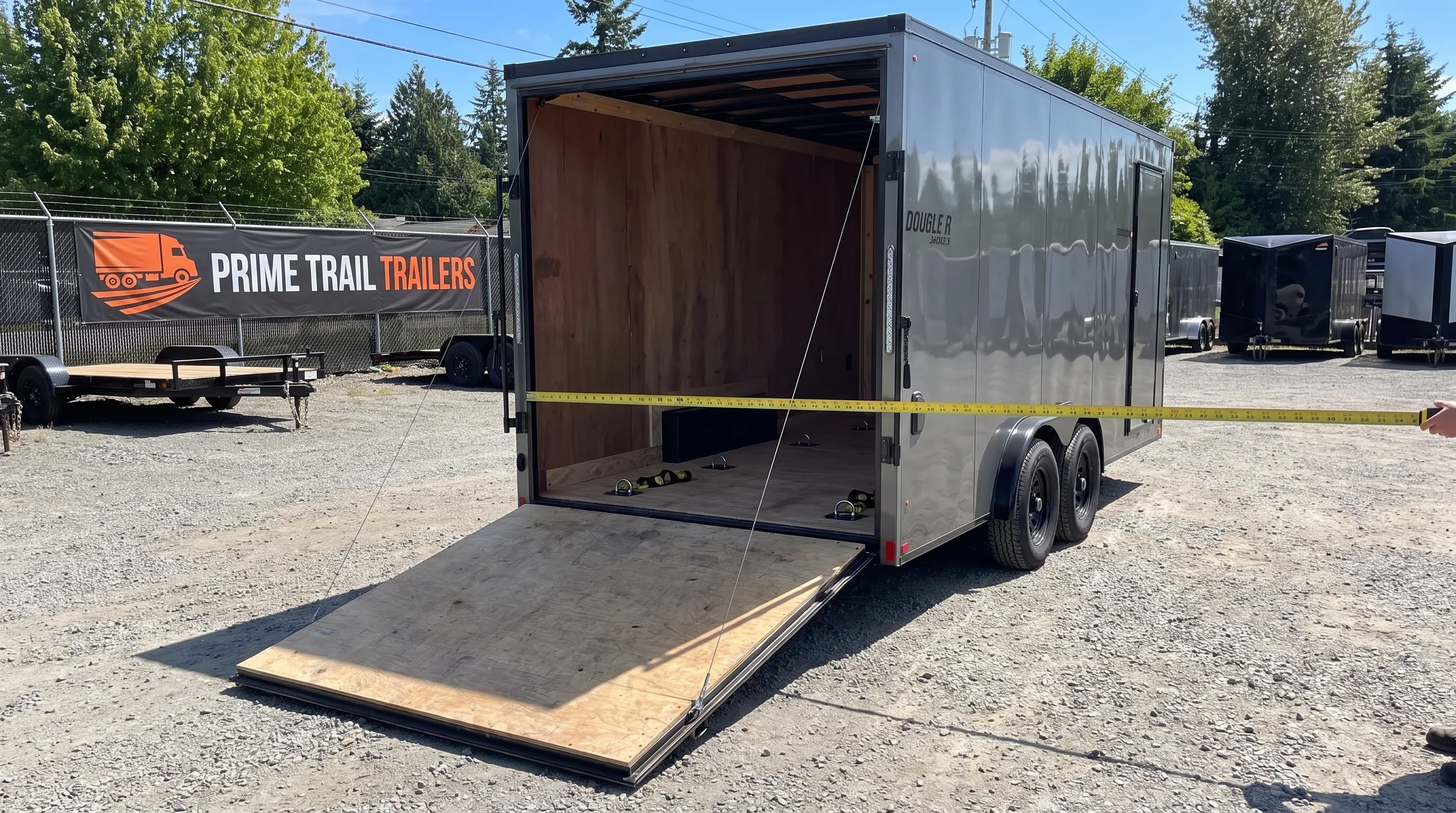 Inspection of a cargo trailer with the rear ramp lowered, a tape measure across the opening and floor tie-down rings visible.