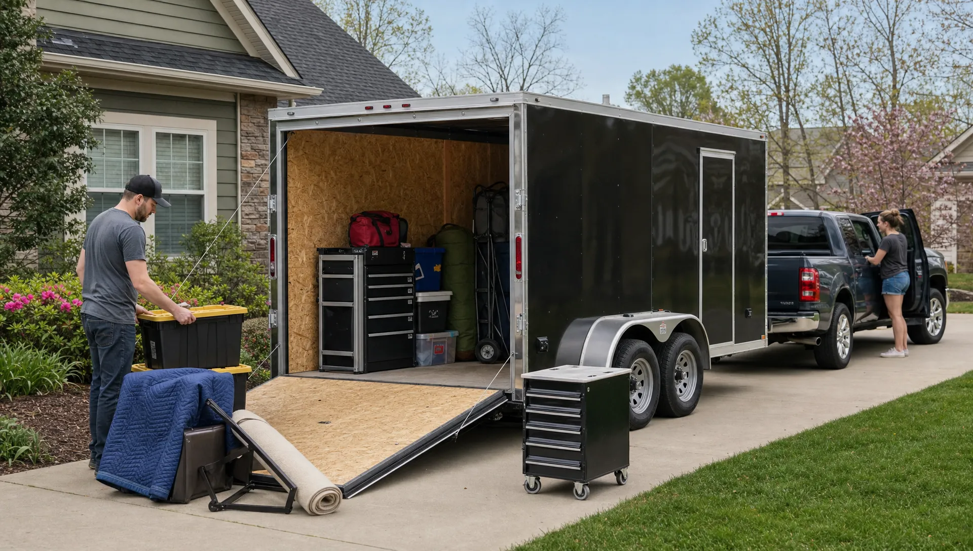 An enclosed cargo trailer is staged in a driveway beside packed household items.