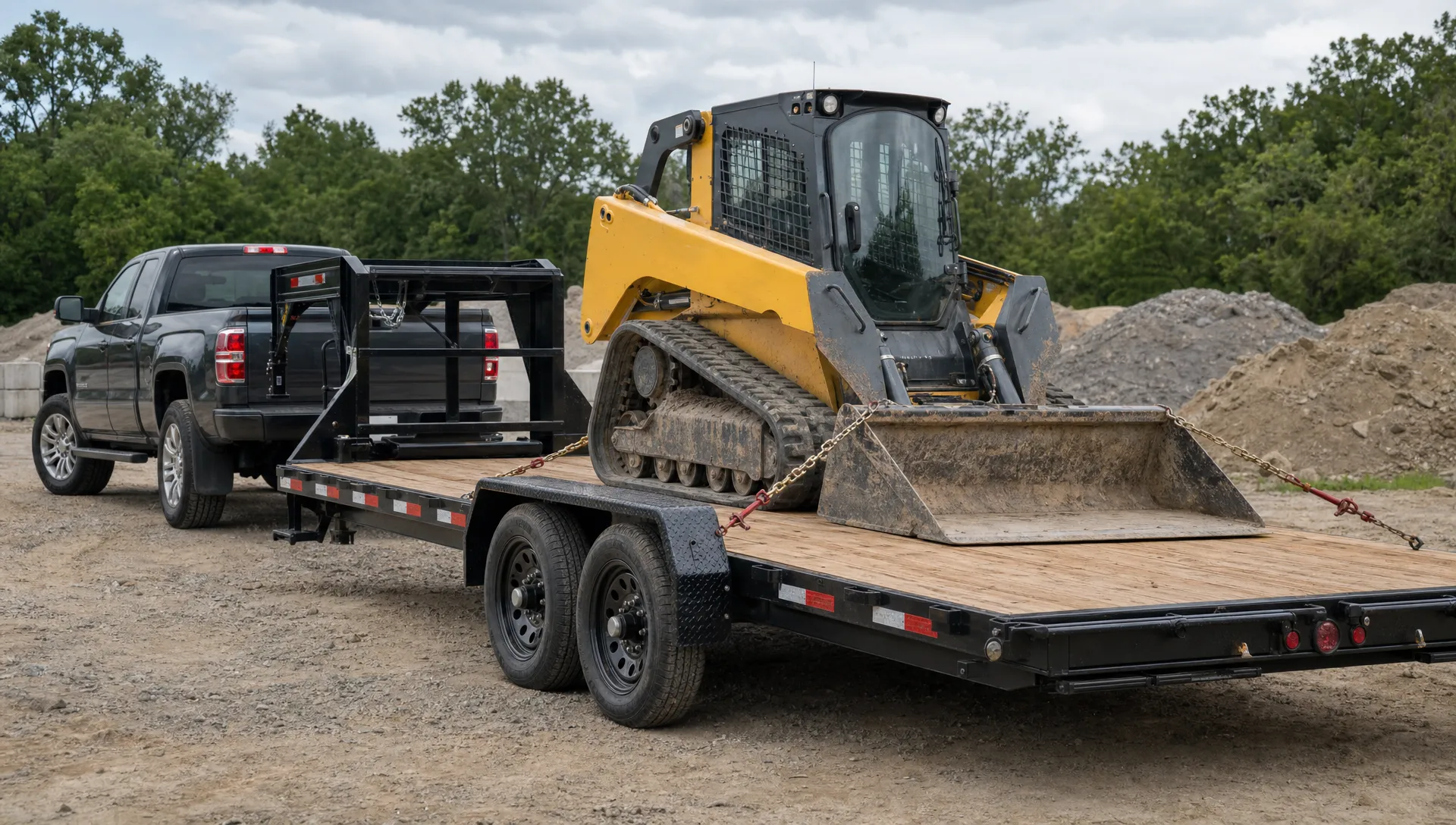 A compact track loader sits secured on a gooseneck equipment trailer at a construction site with chains, dual axles and a pickup connected at the hitch.