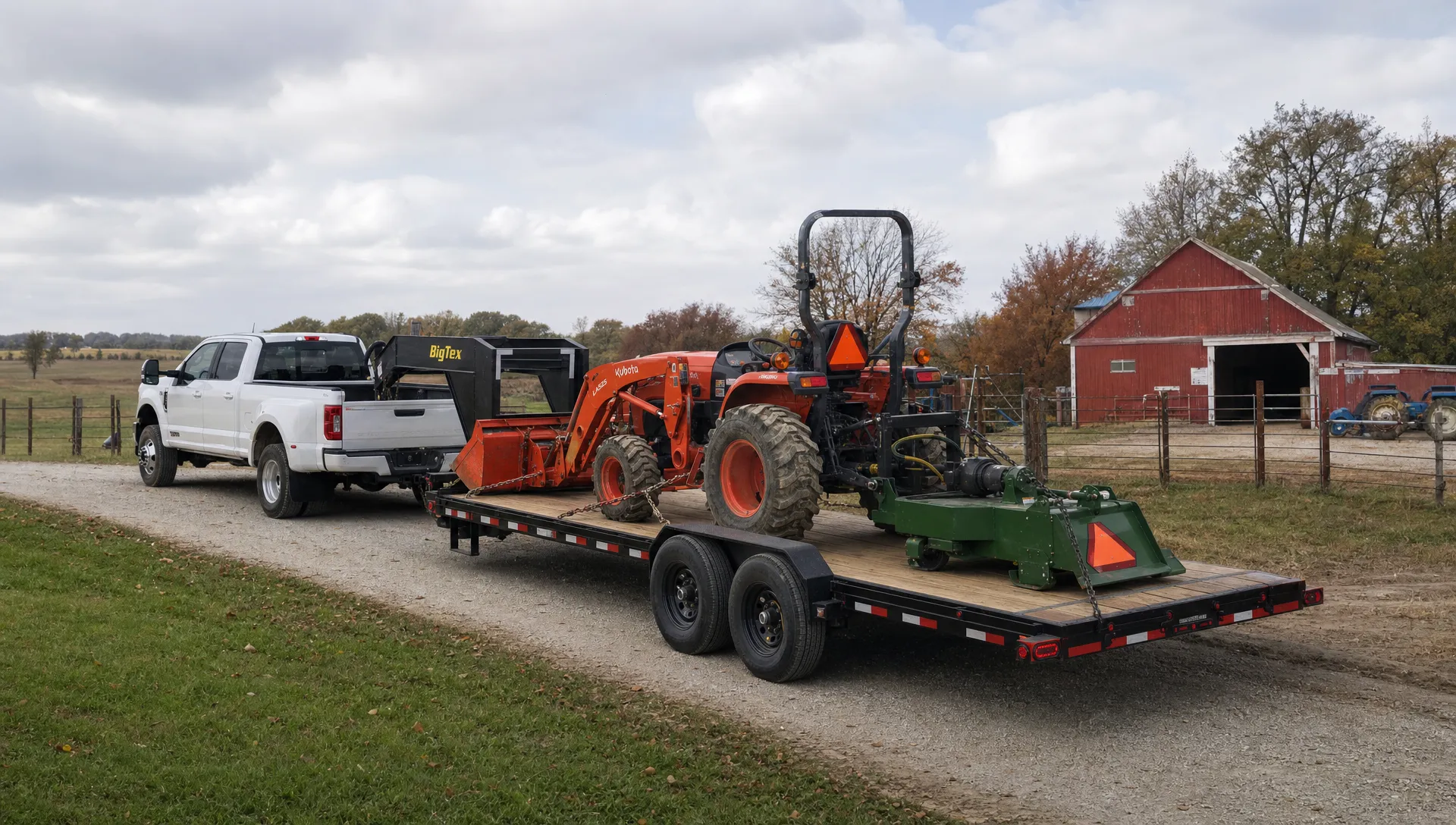 A work truck tows a gooseneck equipment trailer loaded with a tractor along a farm lane. A work truck tows a gooseneck equipment trailer loaded with a tractor along a farm lane.