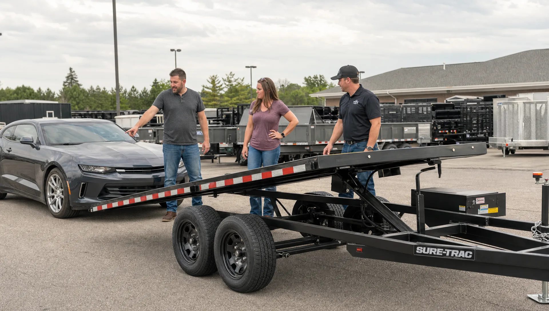 Buyers and a trailer dealer inspect a hydraulic car trailer with a low coupe lined up to load.
