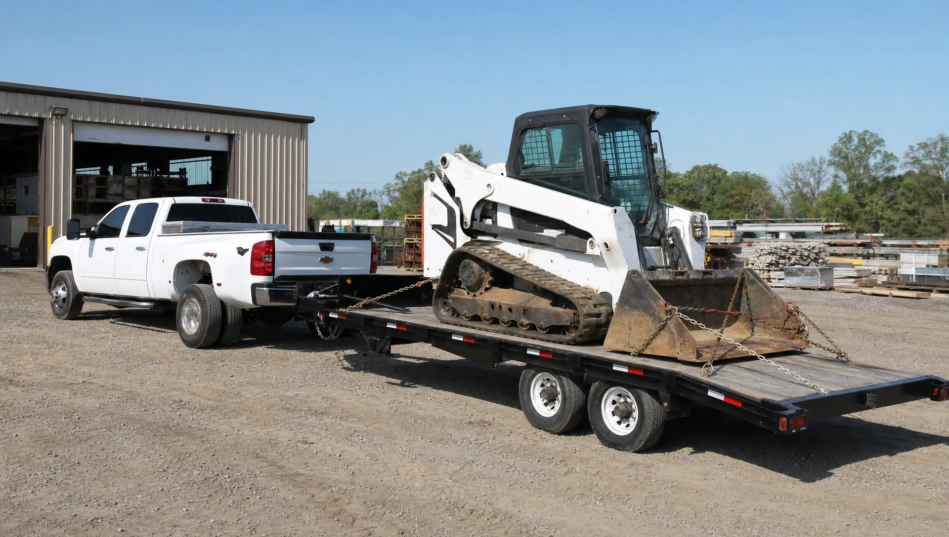A pickup is connected to a lowdeck flatbed trailer carrying a compact loader secured with chains at a work yard.