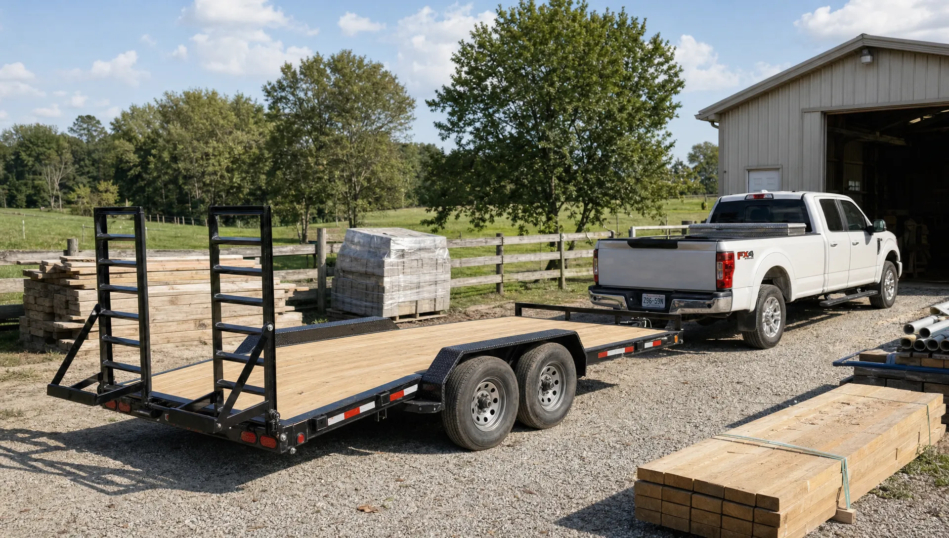 A bumper pull flatbed trailer waits on a rural property beside lumber and a utility pickup.