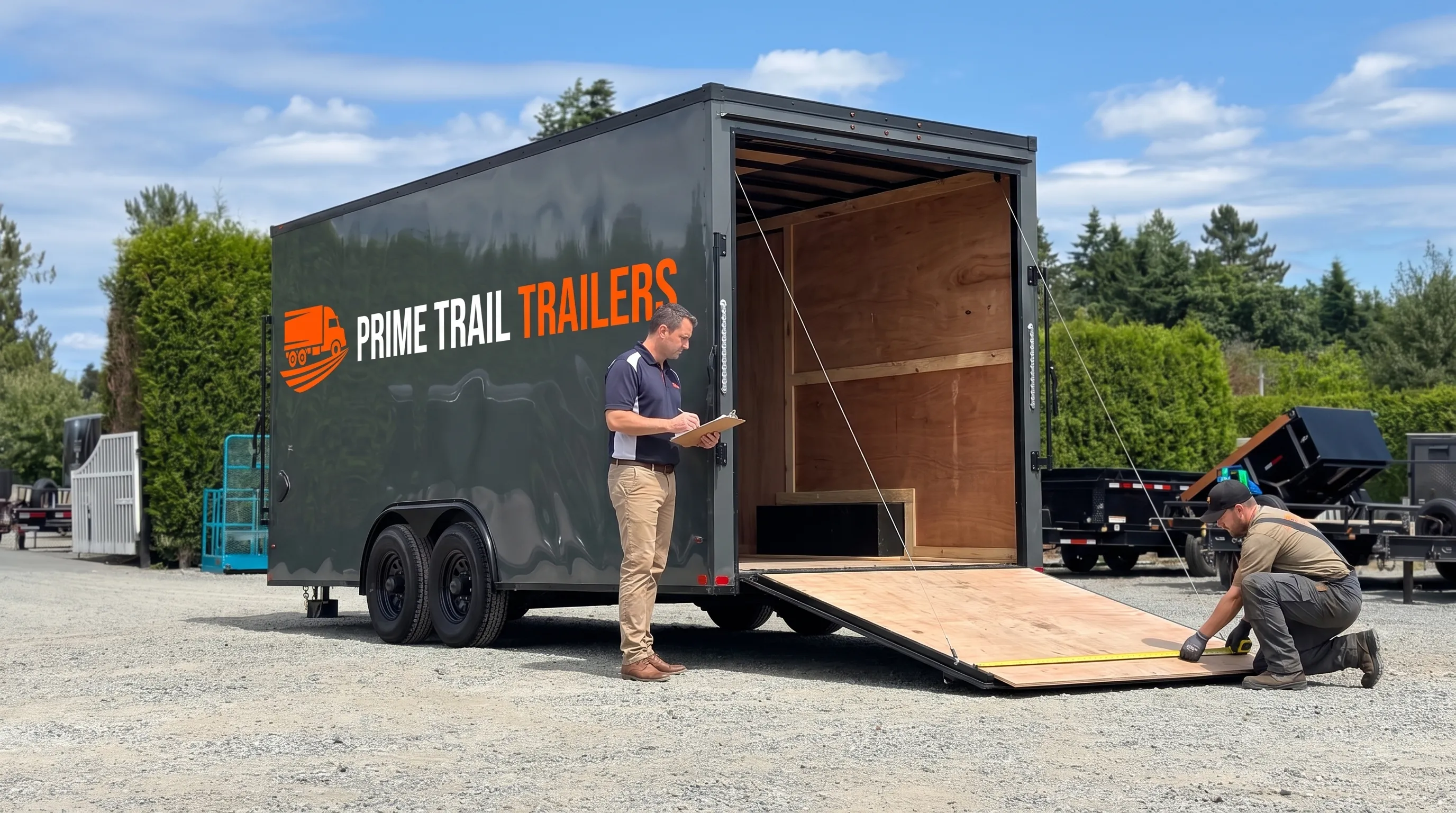 A business owner inspects an enclosed trailer while a worker measures the rear-door opening with the ramp down.