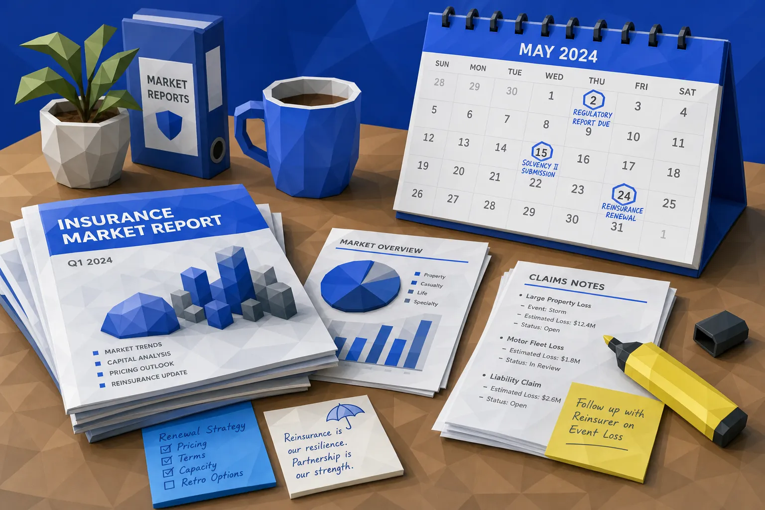 Un escritorio cubierto con informes impresos del mercado de seguros, notas de siniestros, un resaltador, café y un calendario marcado con fechas regulatorias y de reaseguro.