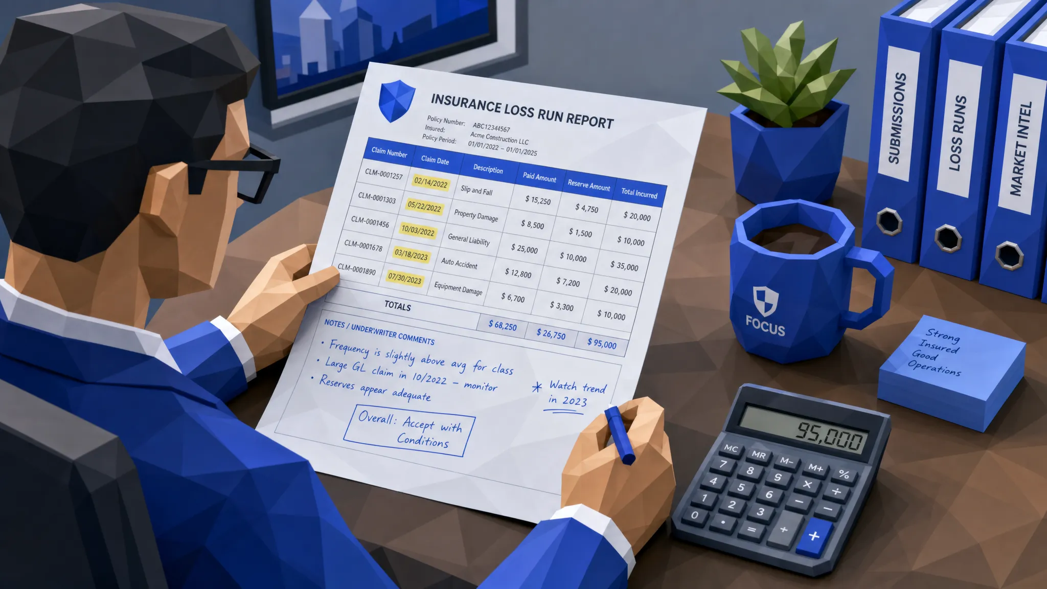 Un suscriptor revisando un informe de siniestros impreso con fechas de siniestro resaltadas, montos pagados, reservas y notas escritas a mano en un escritorio junto a una calculadora y una taza de café.