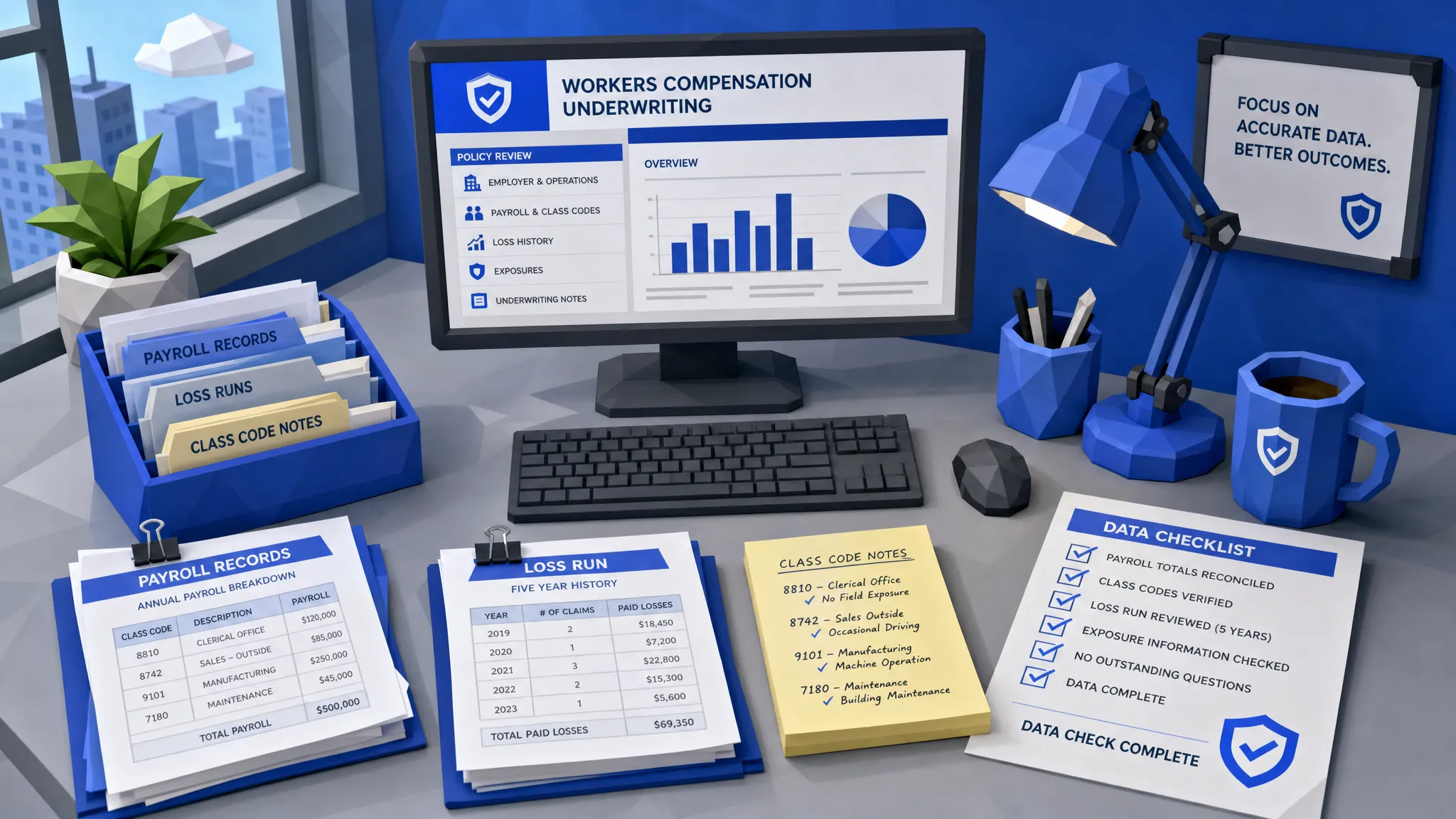 Un espacio de trabajo de suscripción de compensación laboral con registros de nómina organizados, documentos de informes de siniestros, notas de códigos de clase y una lista de verificación impresa que muestra verificaciones de datos completadas.