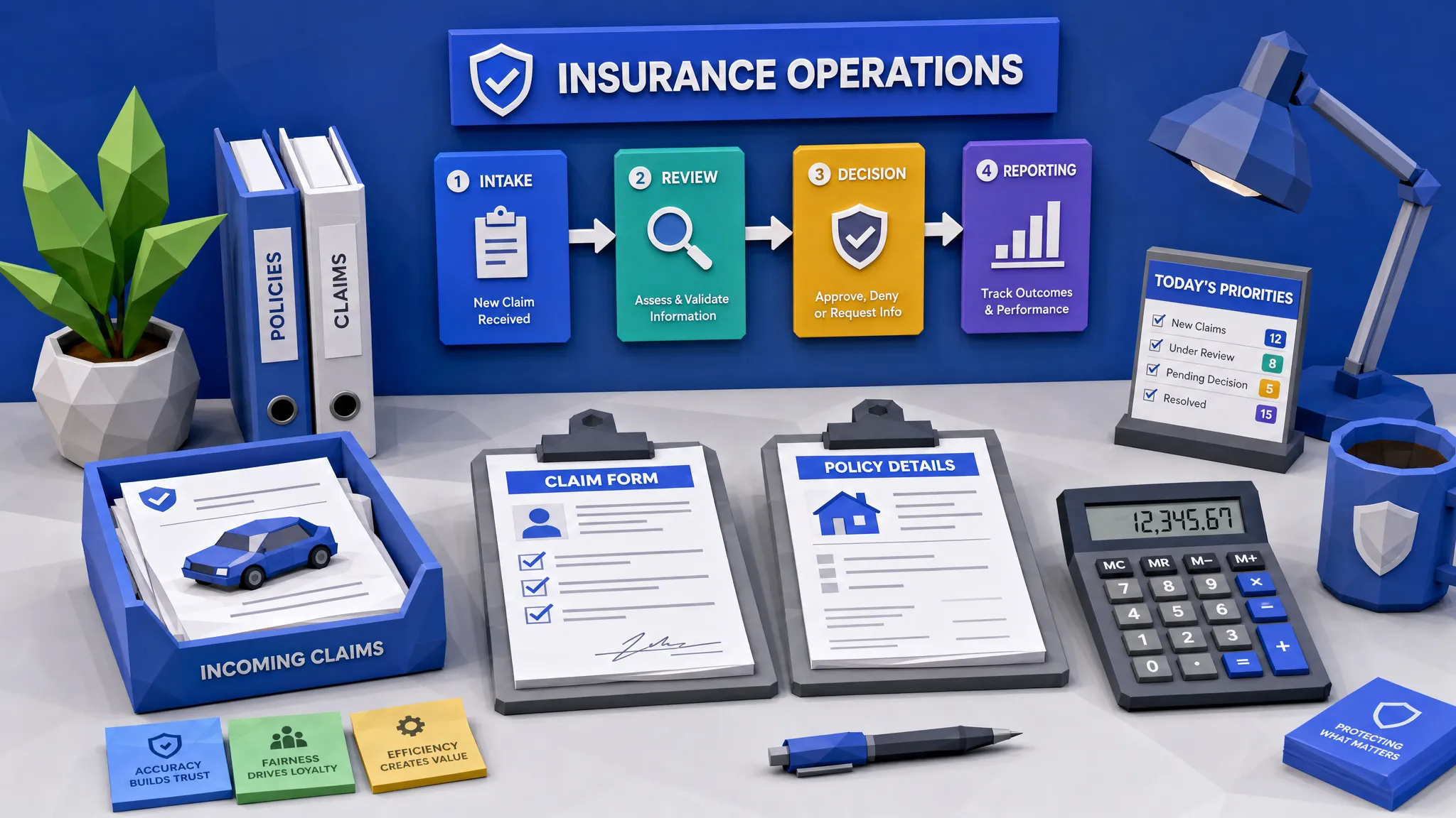 Un escritorio de operaciones de seguros con documentos de reclamo ordenados, formularios de póliza, una calculadora y tarjetas de flujo de trabajo codificadas por colores que muestran ingreso, revisión, decisión e informes.