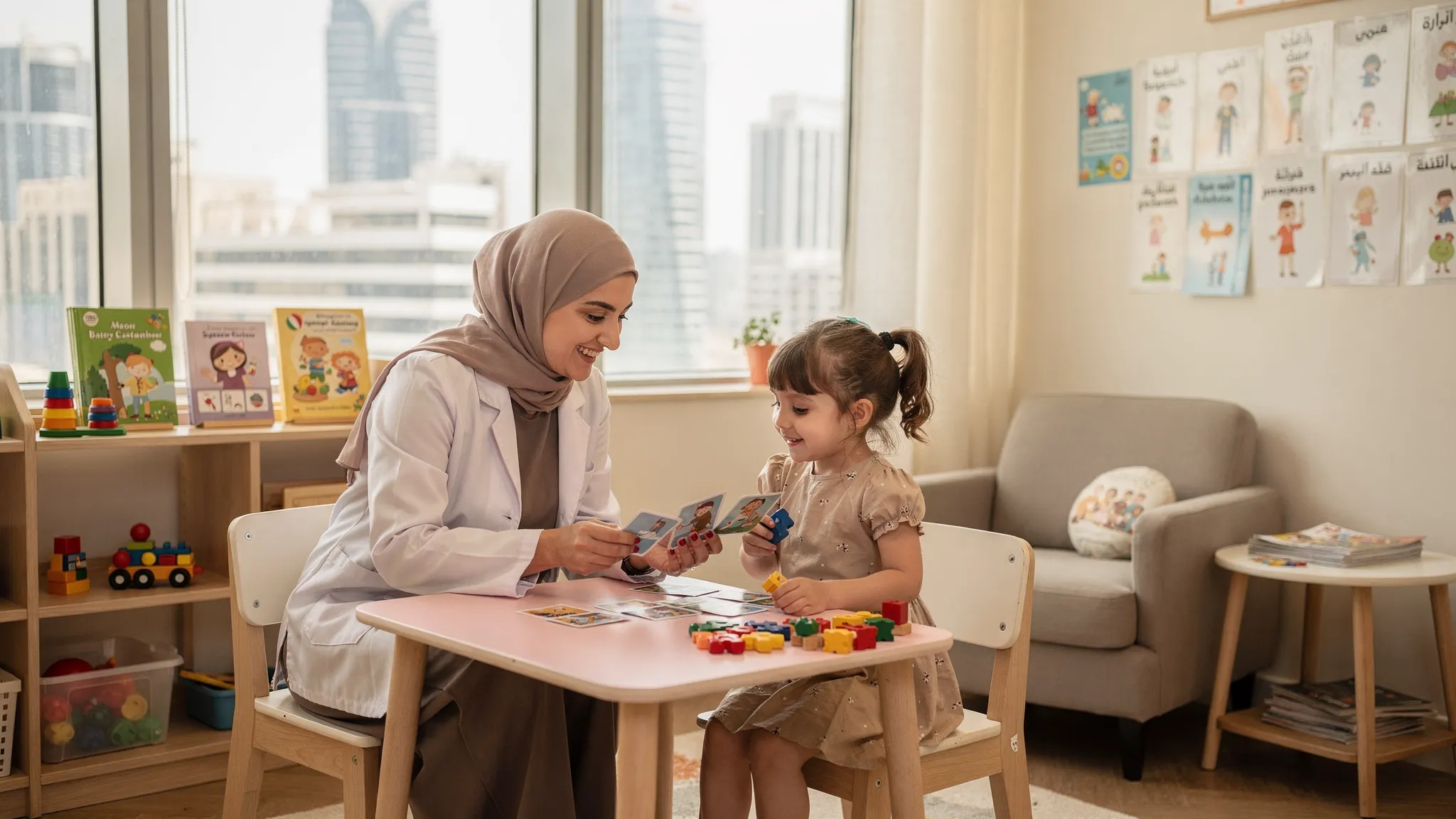 A warm pediatric therapy room in Dubai with an SLP and a preschool child sitting at a low table, using picture cards and toys for play-based speech therapy. Multilingual wall visuals and parent seating are visible, emphasizing a family-friendly environment.