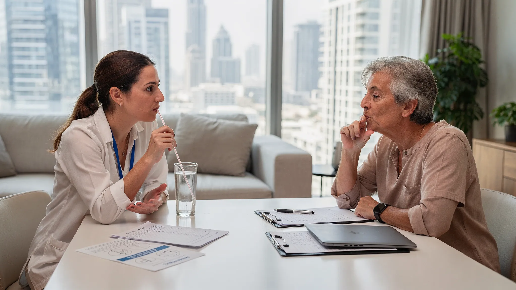 An adult SLP therapy session at home in Dubai, showing a therapist coaching a middle-aged client through a structured breathing and voice exercise with a straw and water glass, seated at a dining table with therapy notes.