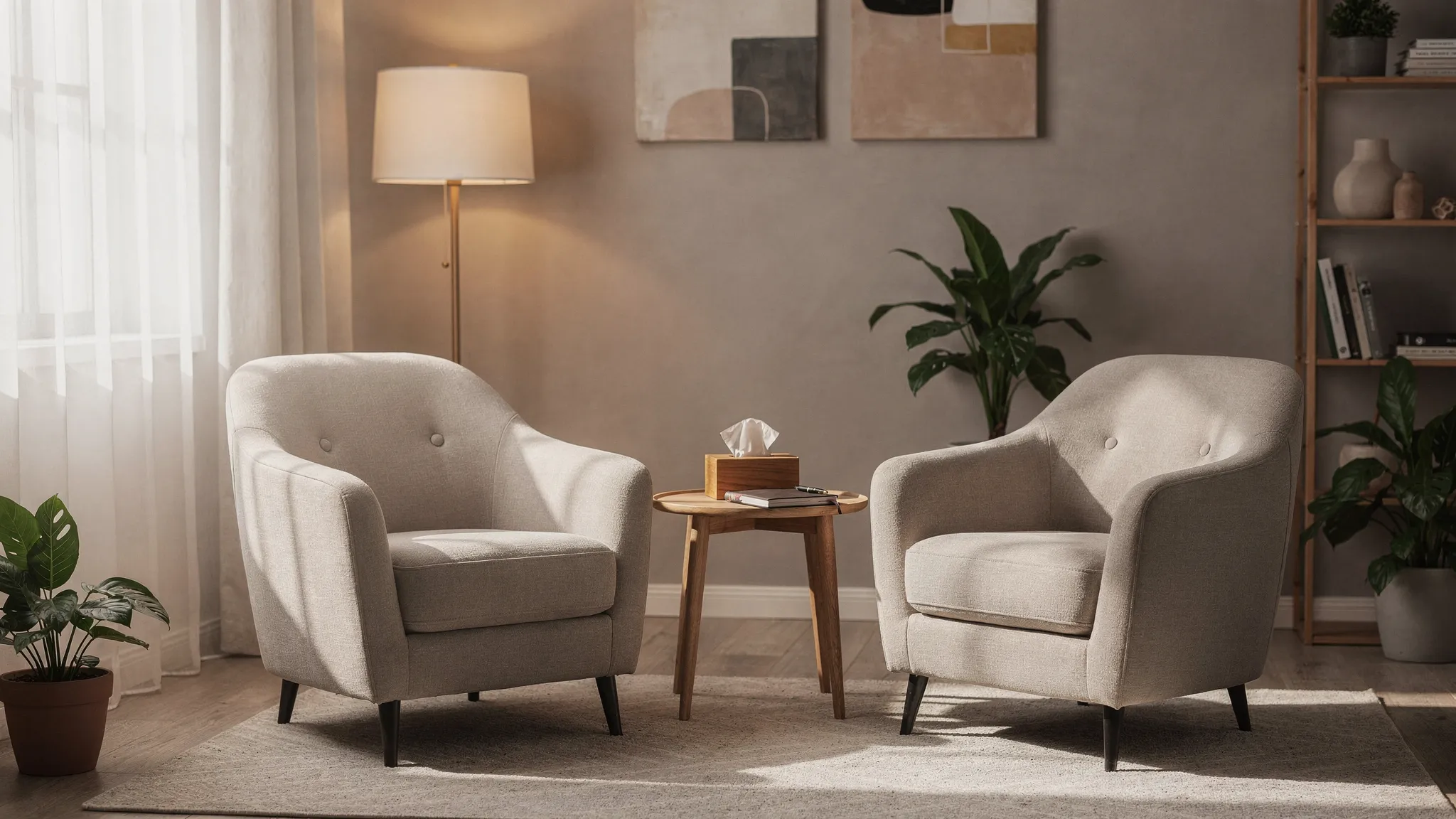 A calm therapy room with two comfortable chairs facing each other, a small side table with tissues and a notebook, soft natural lighting and neutral decor that communicates privacy and emotional safety.