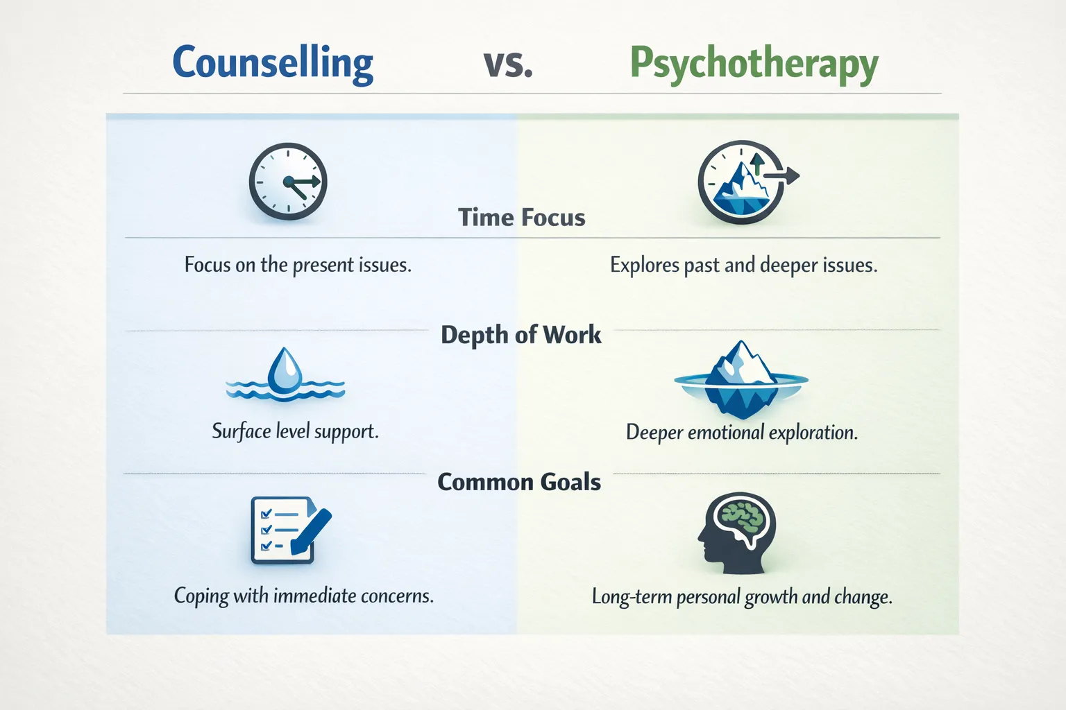 A simple visual comparison showing two columns labeled Counselling and Psychotherapy with icons for time focus, depth of work and common goals, designed like an educational infographic.