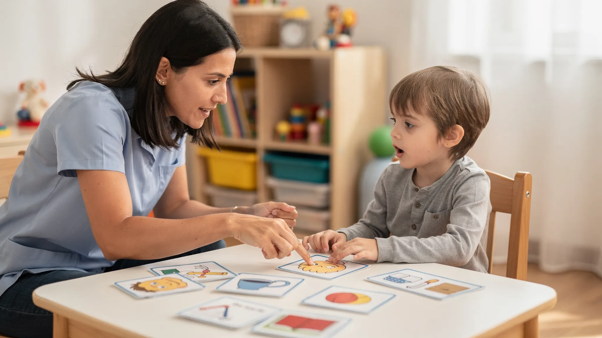 A speech therapist and a child sitting at a small table using picture cards showing daily routines, emotions and common objects while the therapist points to a card and the child responds with a word or short phrase.