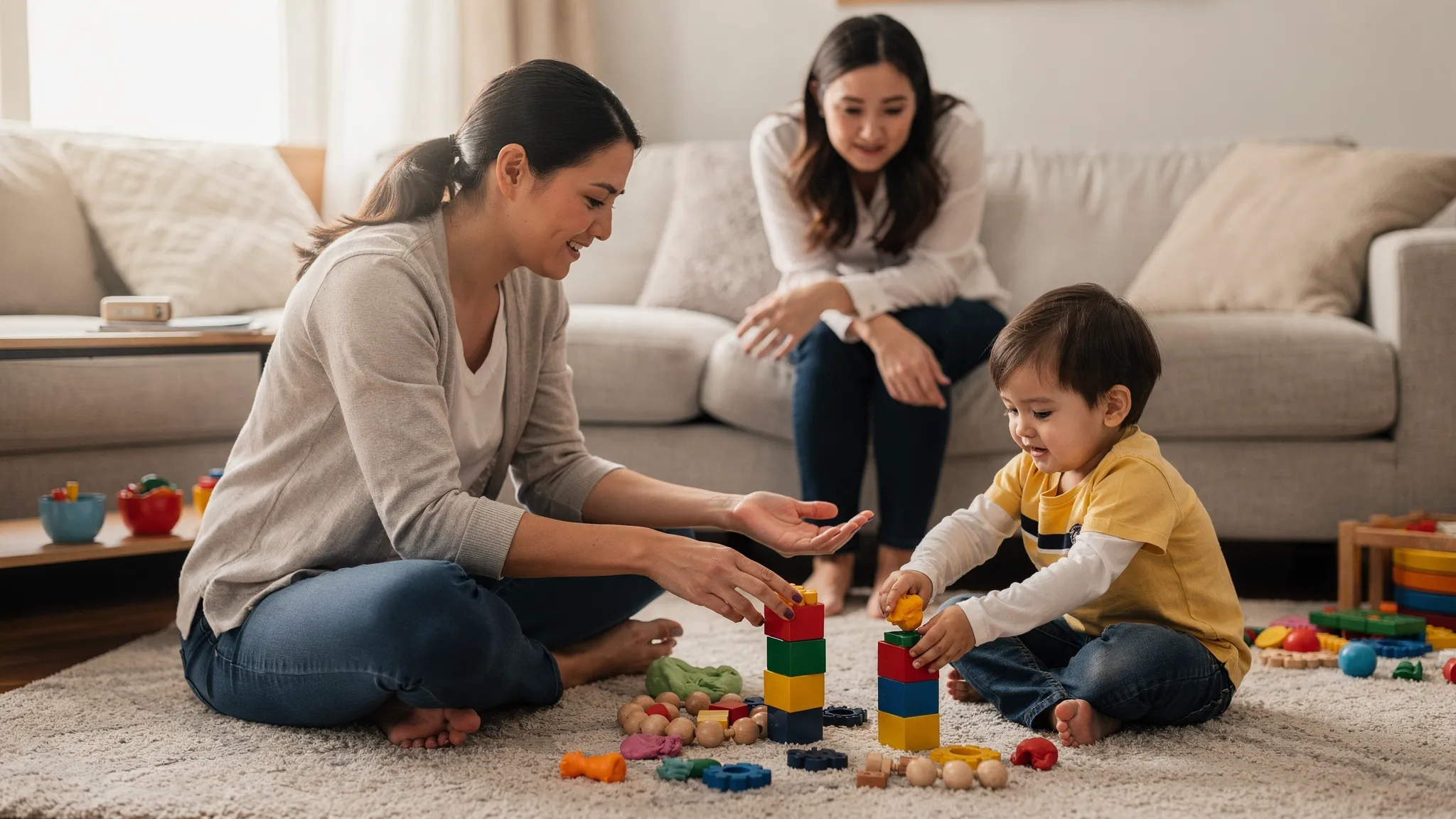 An occupational therapist sitting on the floor with a child in a living room, using simple play materials to practice hand strength and coordination, with the child engaged and a parent nearby observing.
