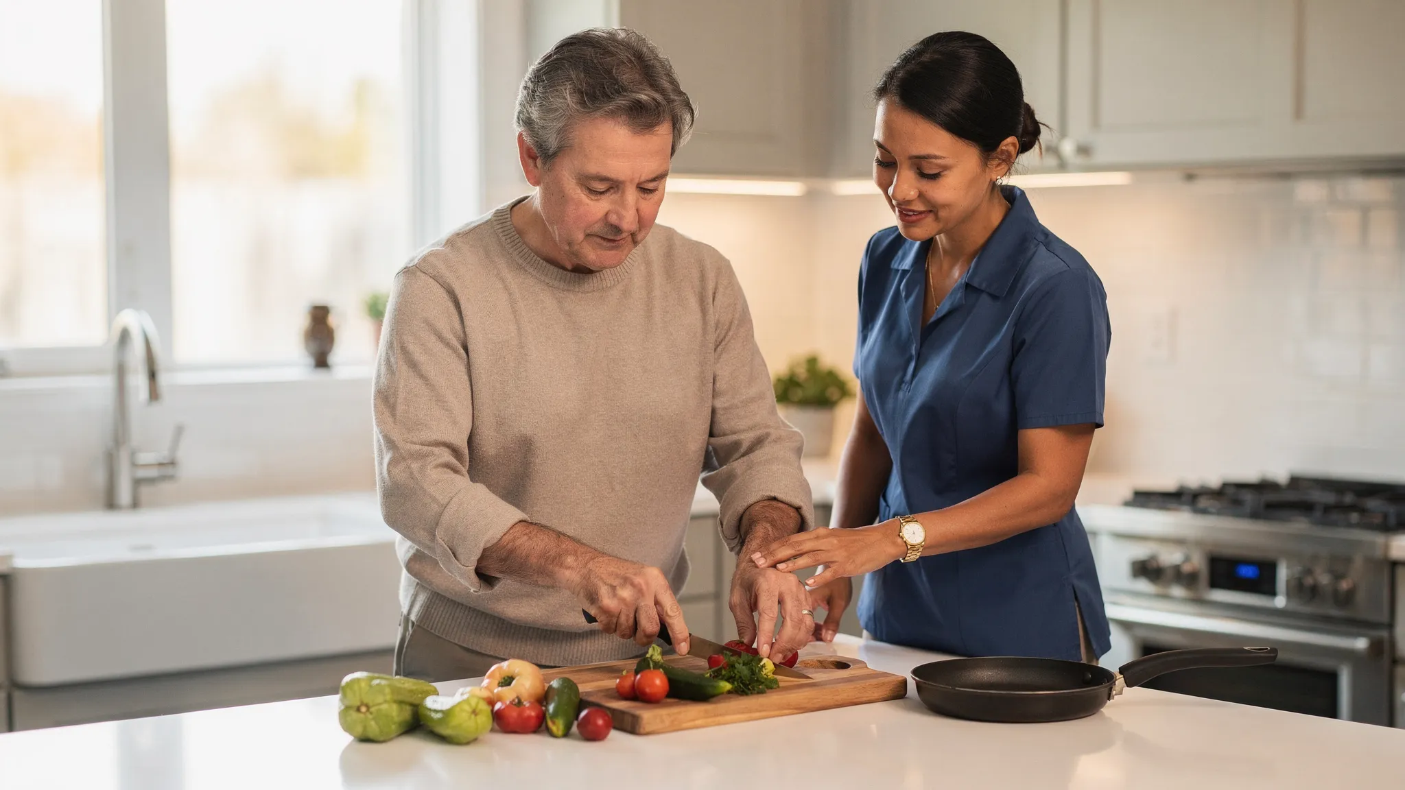 A home-based occupational therapy session with an adult in a bright kitchen practicing safe meal preparation and reaching techniques, with the therapist guiding posture and hand placement while the countertop is clear and uncluttered.