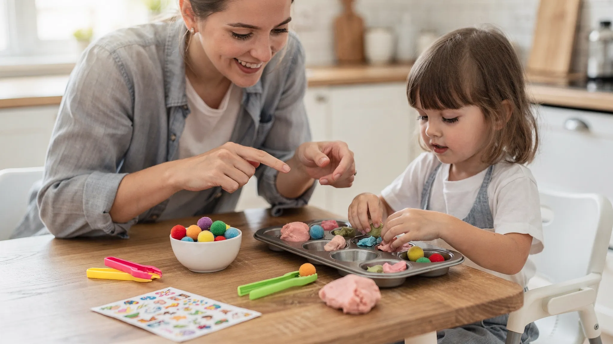 A parent and young child at a kitchen table using household items for fine motor play: a small bowl of pom-poms, child-safe tweezers, stickers, and playdough. The child is pinching and placing items into a muffin tray while the parent models and encourages.
