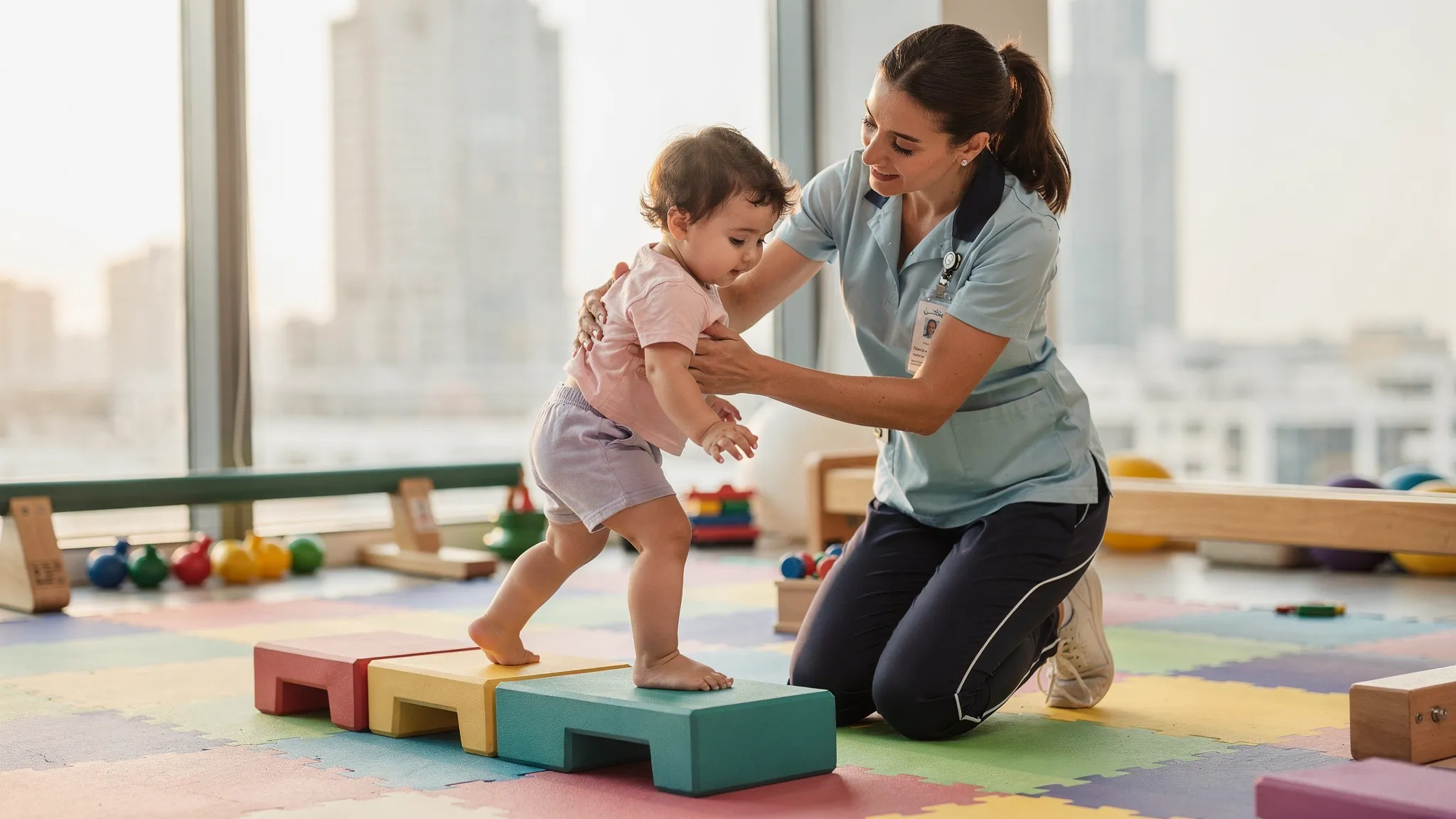 Pediatric physiotherapist guiding a toddler through Dynamic Movement Intervention on low foam blocks, encouraging weight shift and core activation in a bright therapy gym in Dubai with soft mats and balance beams.