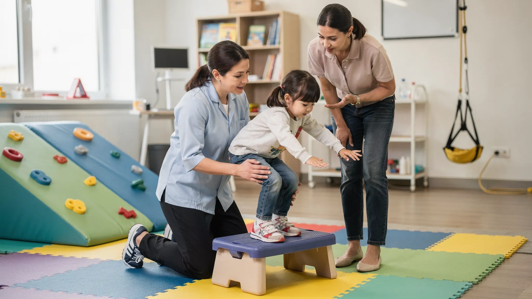 Therapist providing distal support at a child’s ankles during a step-to balance activity, while a parent observes and learns a home routine; therapy space includes a low climbing ramp and a swing for vestibular input.