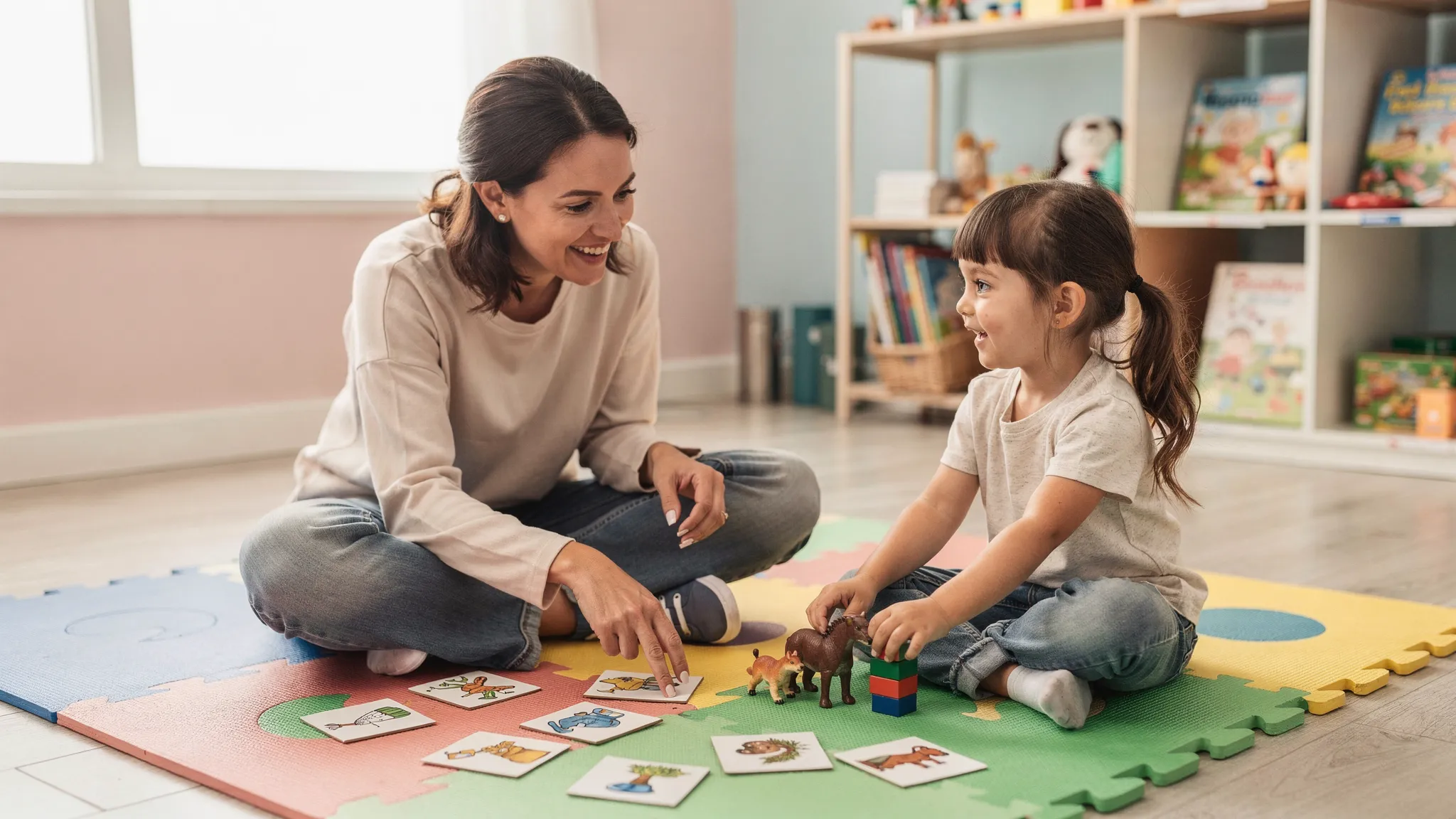 A speech-language pathologist sitting on a therapy mat with a young child, using play-based activities like picture cards, toy animals, and a simple turn-taking game to encourage expressive language and joint attention in a bright, welcoming clinic room.