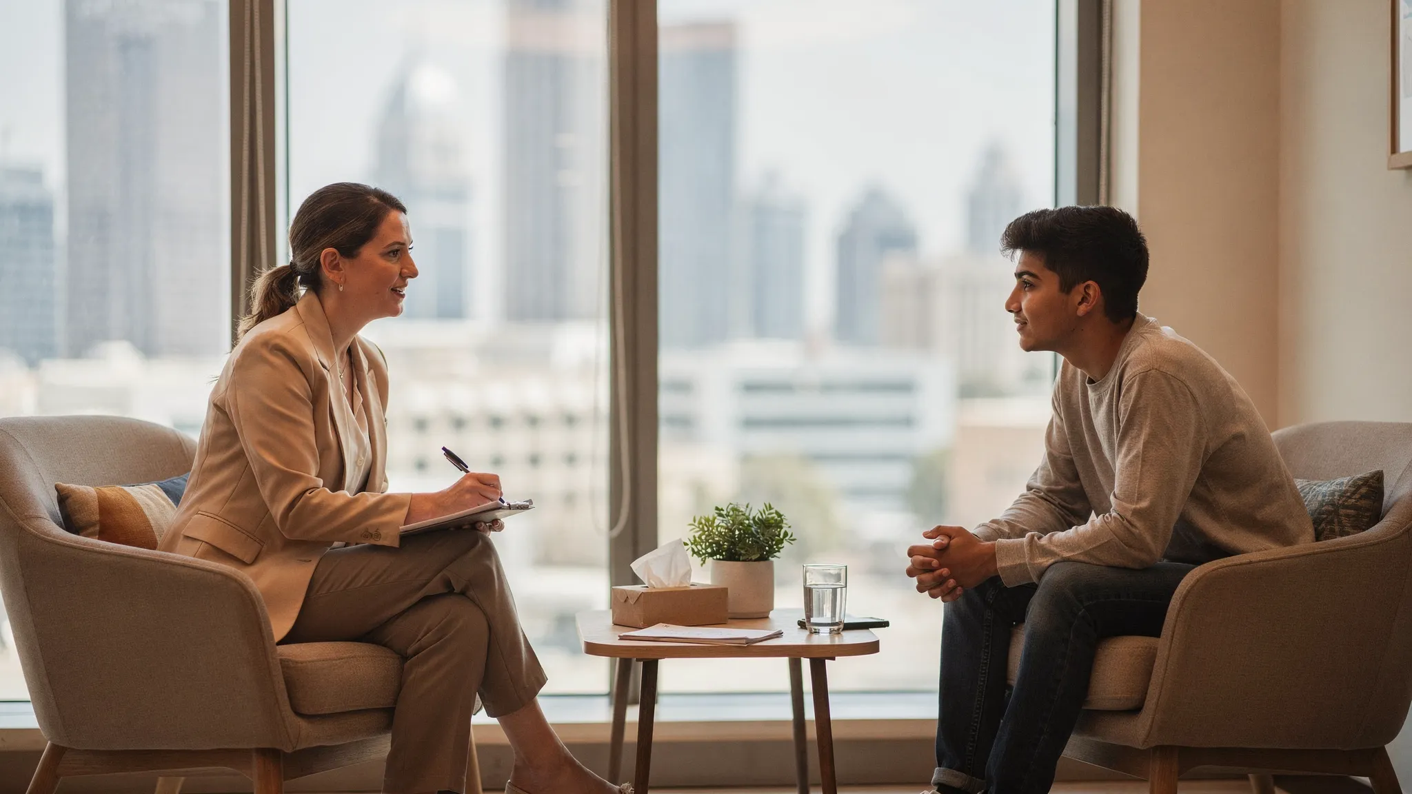 A friendly psychologist and a teenager talk in a modern clinic room in Dubai, with a notepad, cozy chairs and soft lighting. The teen appears engaged and reassured while discussing goals for therapy.