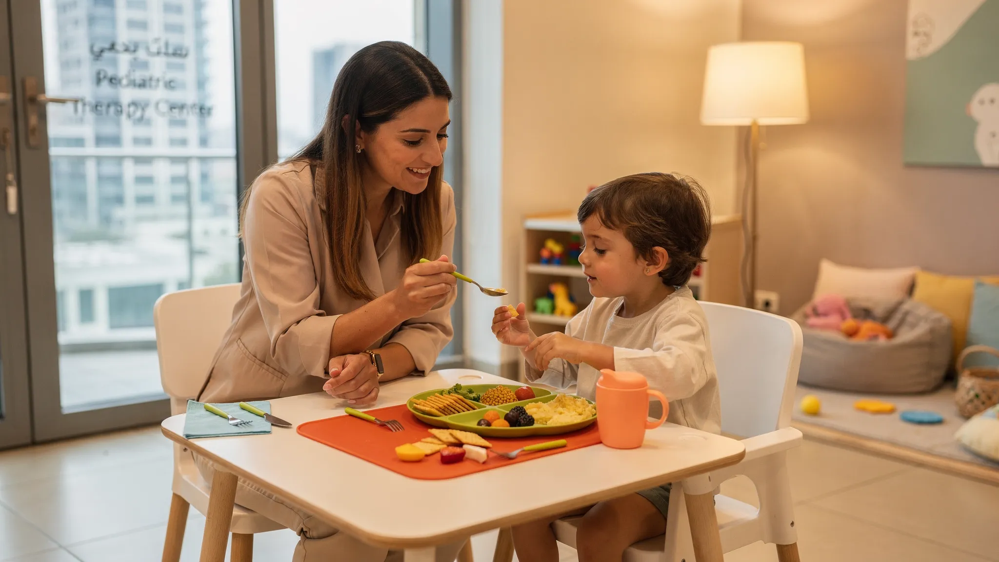 A pediatric therapist guides a young child through a playful feeding therapy session using colorful textured foods, child-sized utensils, and a calm sensory nook with soft lighting in a Dubai clinic.