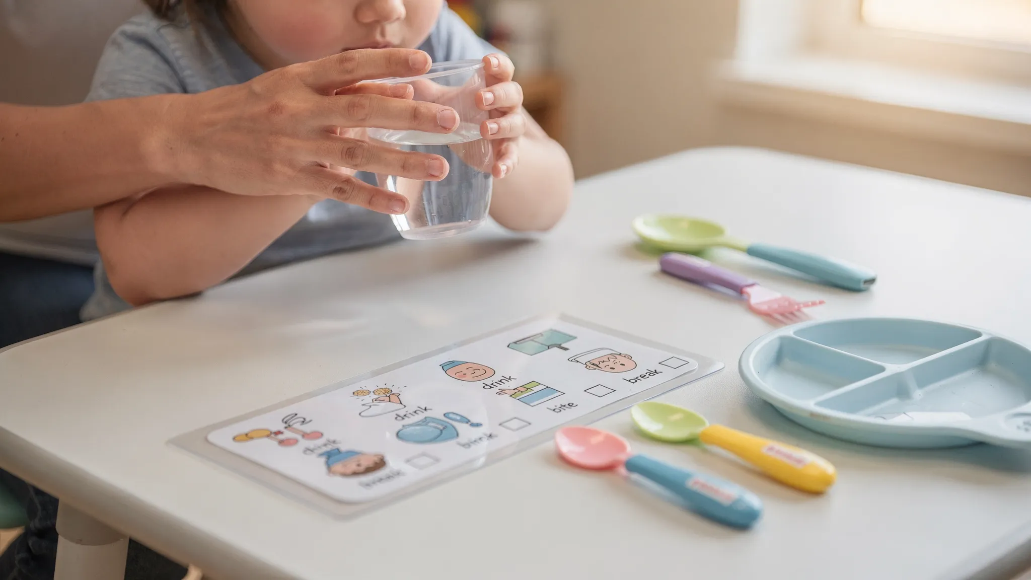 Close-up of child hands practicing open-cup drinking with a therapist, using a visual schedule and child-sized utensils during a structured feeding therapy session.