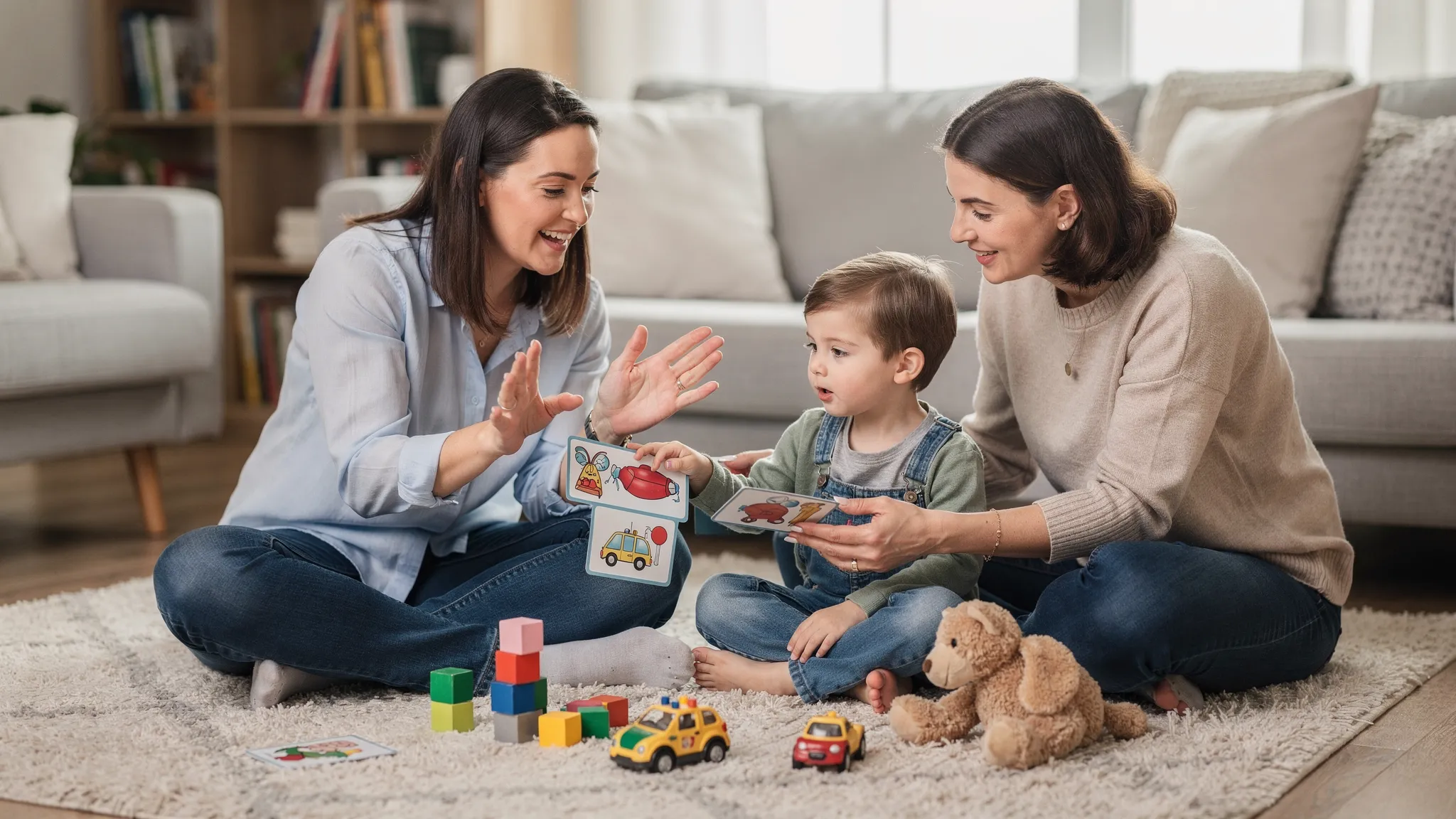 A speech therapist sitting on the floor in a living room with a parent and young child, using picture cards and toys to encourage turn taking, simple words and clear sounds.