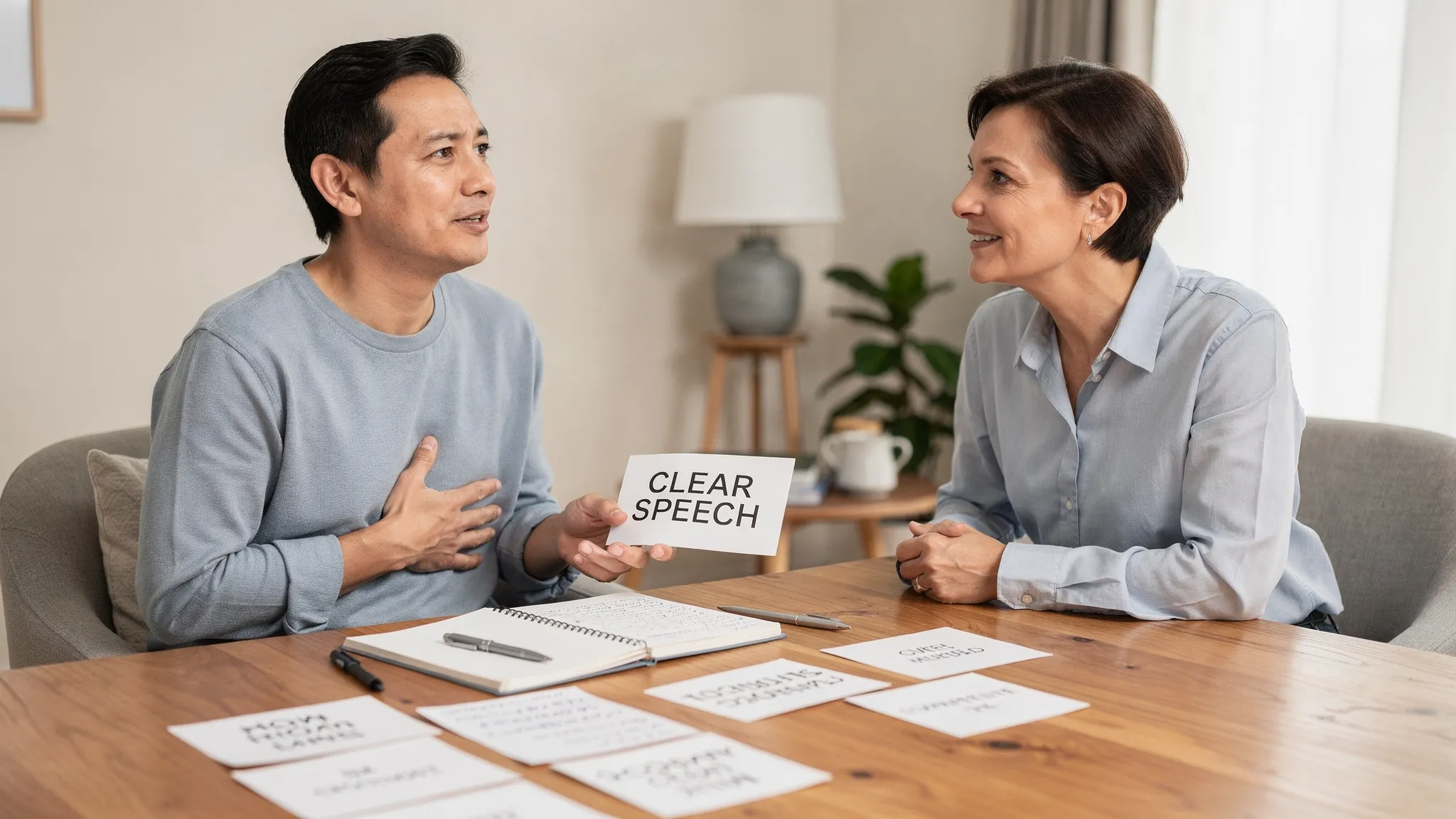 An adult practicing clear speech at home with a notebook and simple cue cards on a table, speaking to a caregiver in a calm environment with good posture and breathing.