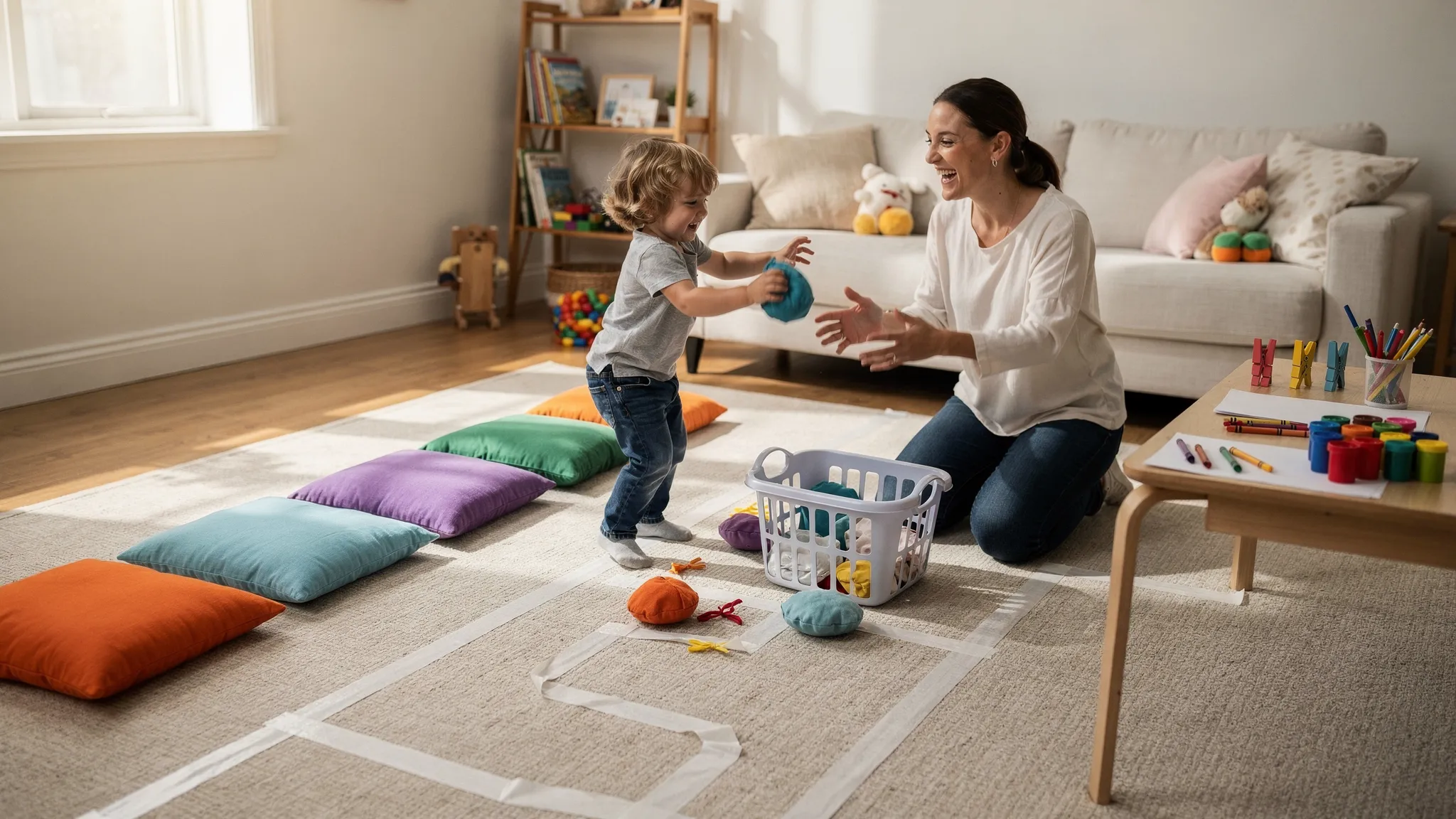A parent and child set up a simple home movement circuit with cushions, masking-tape lines on the floor, a small laundry basket for beanbag toss, and a tabletop fine-motor station with Play-Doh, clothespins, and crayons.