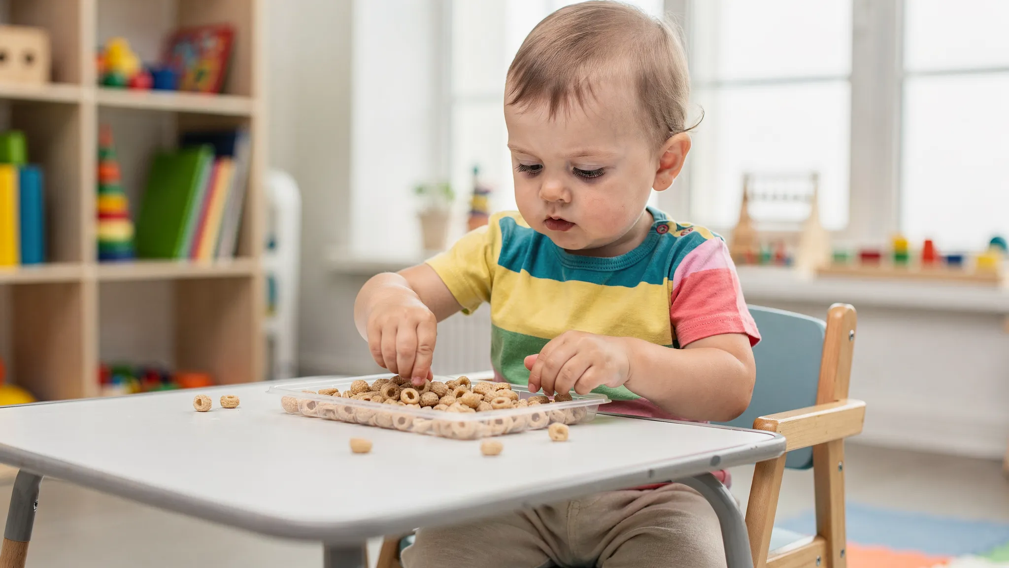 A toddler seated at a low table in a bright therapy room uses a neat pincer grasp to pick up small cereal pieces from a tray, with the other hand stabilizing the tray. The scene highlights early fine motor development and hand-eye coordination.
