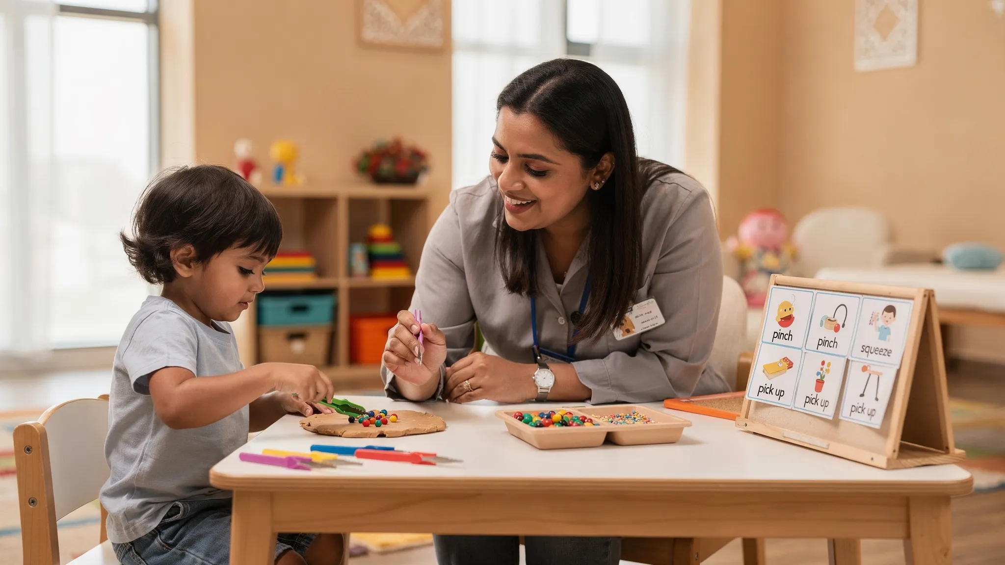 An occupational therapist in Dubai coaches a preschool child at a small table, using tweezers, beads, and playdough to strengthen hand muscles, with visual cue cards and a supportive, calm environment.