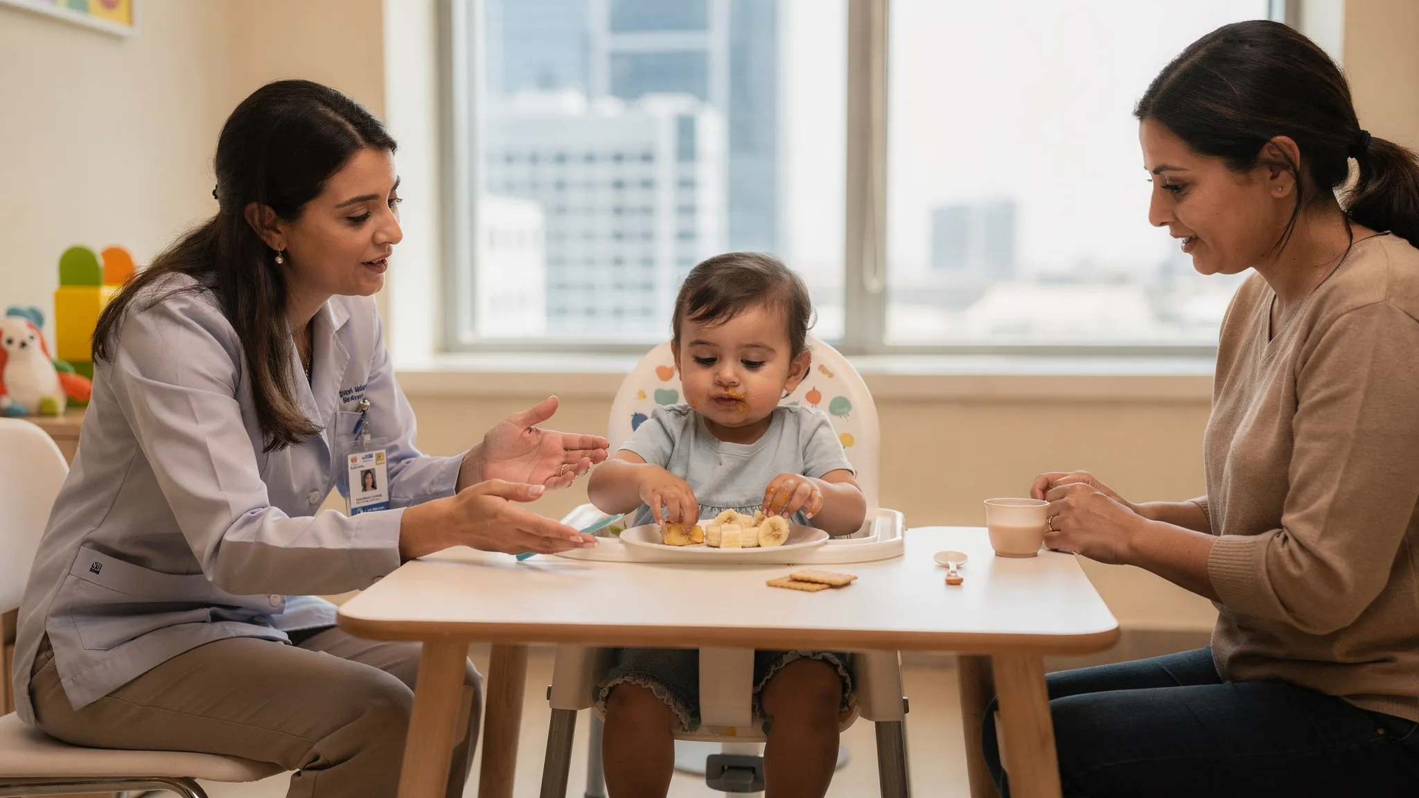 A speech-language pathologist in Dubai coaches a parent during a toddler feeding therapy session. The child sits in a supportive high chair with a footrest while exploring soft banana pieces and crunchy crackers at a child-sized table. Calm lighting and simple utensils create a stress-free environment.