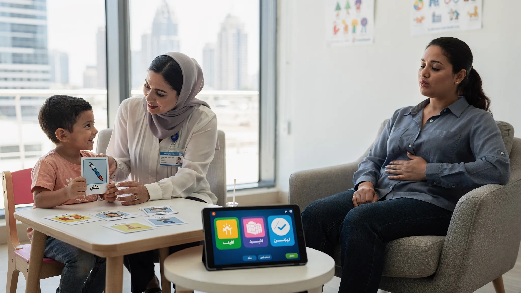 A licensed speech-language pathologist in a bright Dubai clinic guiding a child through a play-based articulation task while an adult client practices voice and breathing techniques nearby. Visuals include bilingual (Arabic and English) picture cards, a straw for semi-occluded vocal tract exercises, and a tablet-based AAC app resting on a table.