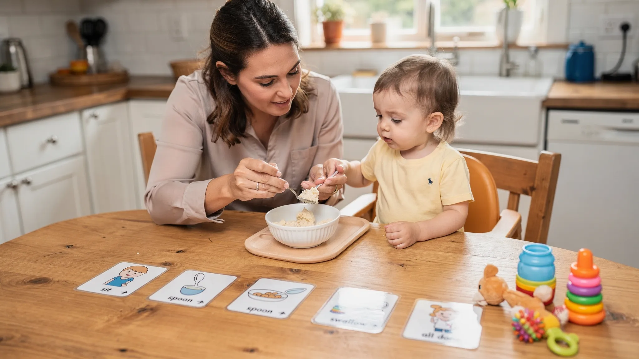 A home visit scene where a speech therapist coaches a parent during a feeding therapy session at a kitchen table, with simple visual schedules and toys nearby.