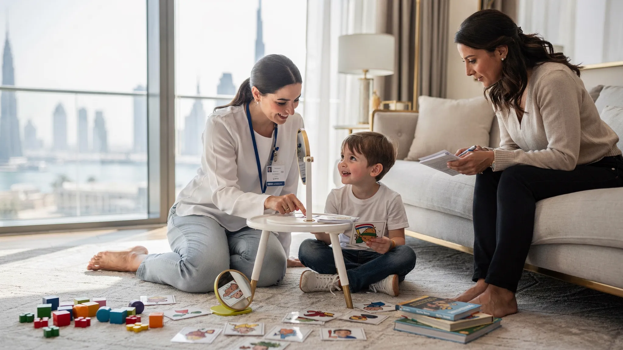 A licensed speech-language pathologist delivering a playful home therapy session with a preschool child in a Dubai living room, using picture cards and a mirror while coaching a parent nearby.