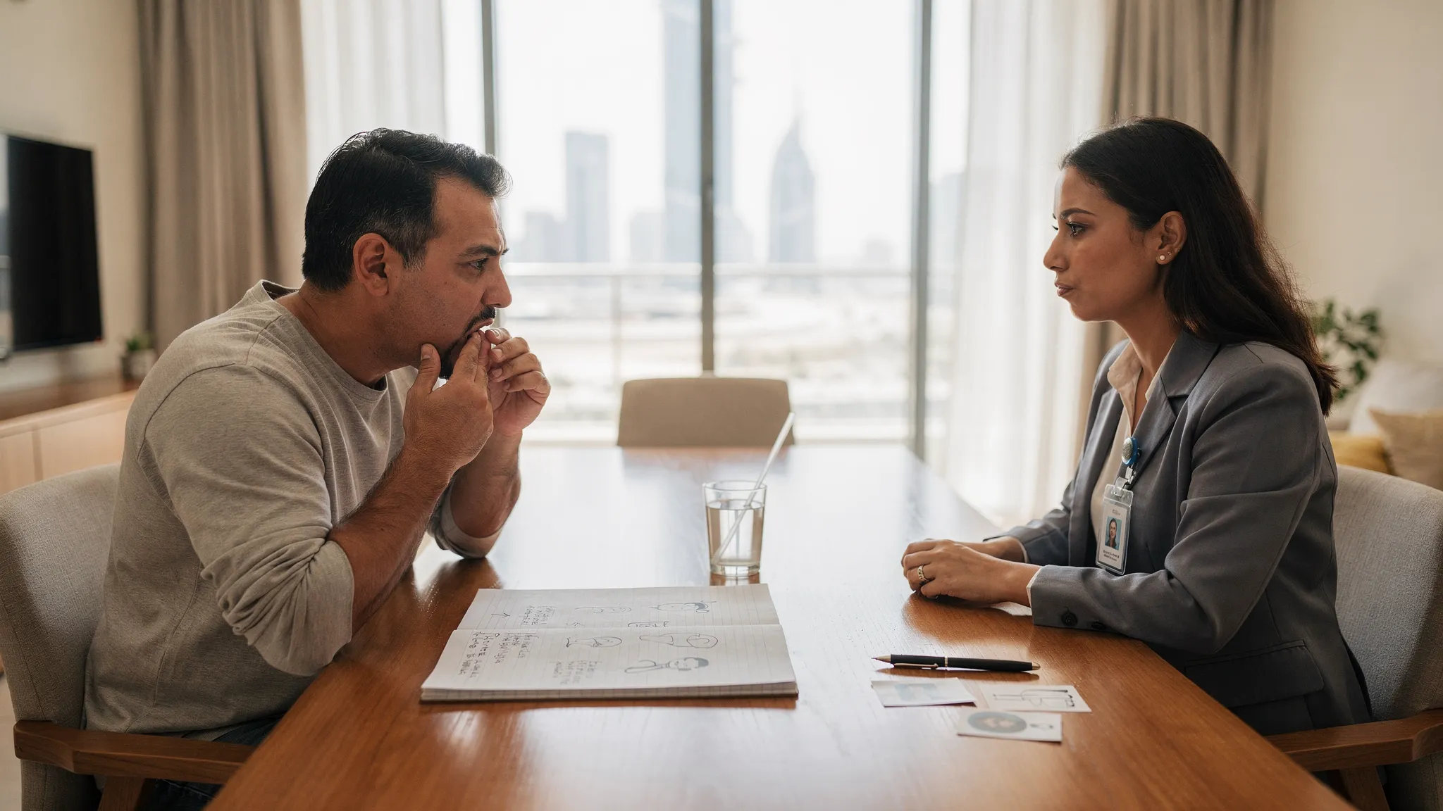 An adult man recovering from stroke practicing speech and swallowing exercises with a speech therapist at his dining table during a home visit in Dubai, with a notepad, straw and water ready.